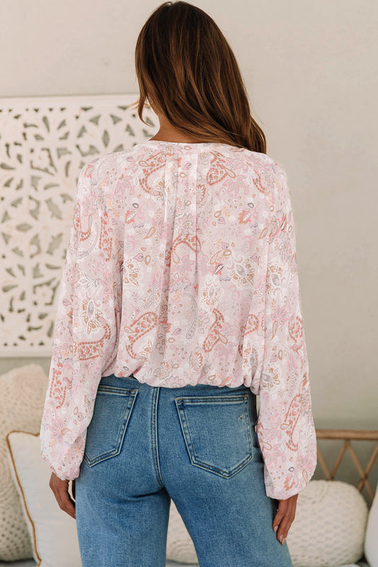 Pink Paisley Print Buttons Bubble Sleeve Blouse