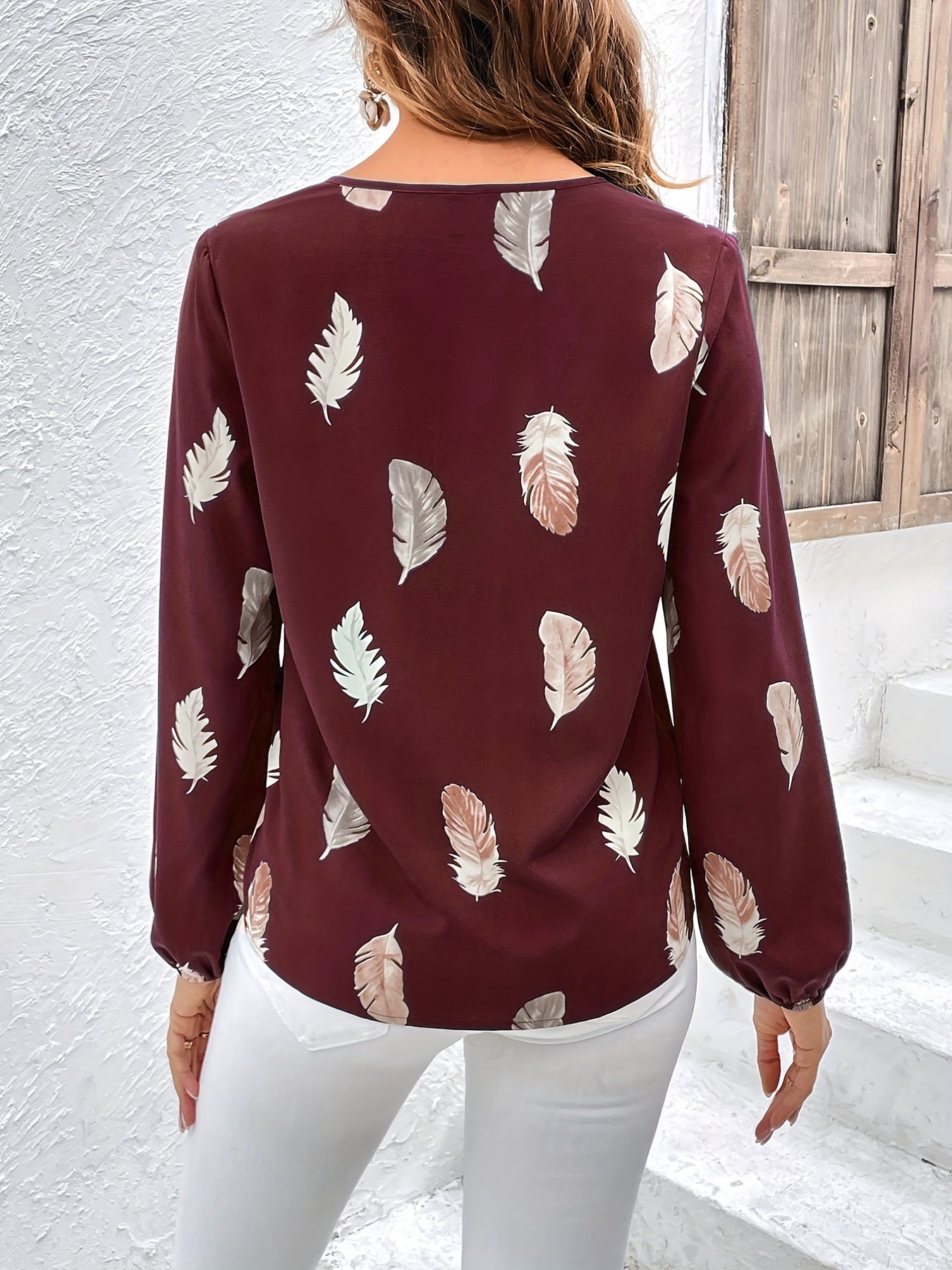 Feather Printed V-neck Loose Shirts, Casual Long Sleeve Fashion Shirts