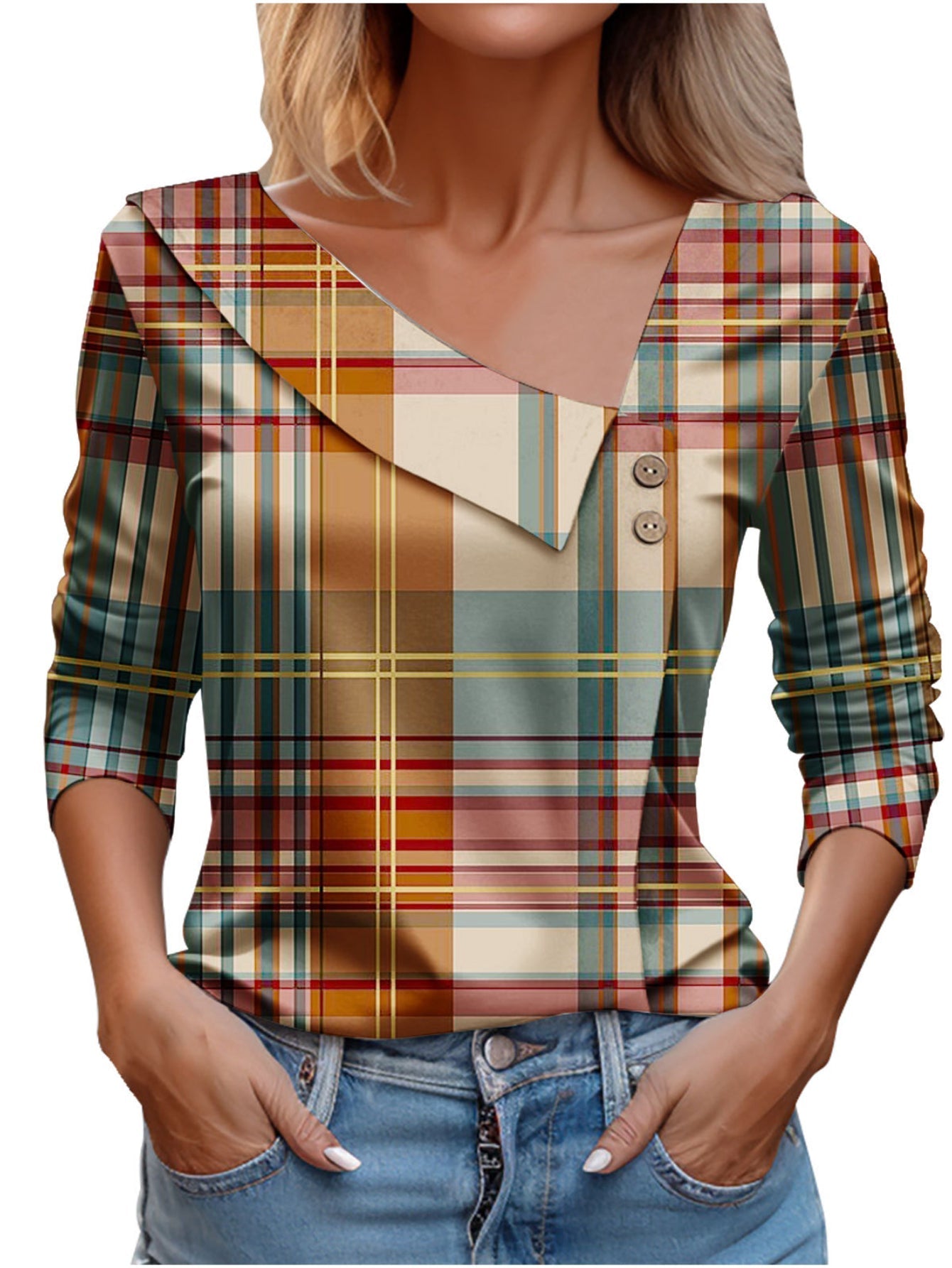 Chic Plaid Print Elegant Long Sleeve V-Neck T-Shirt