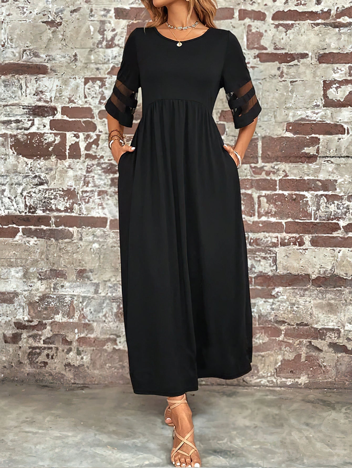 Elegant Crew Neck Solid Color Slimming Mesh Panel Maxi Dress