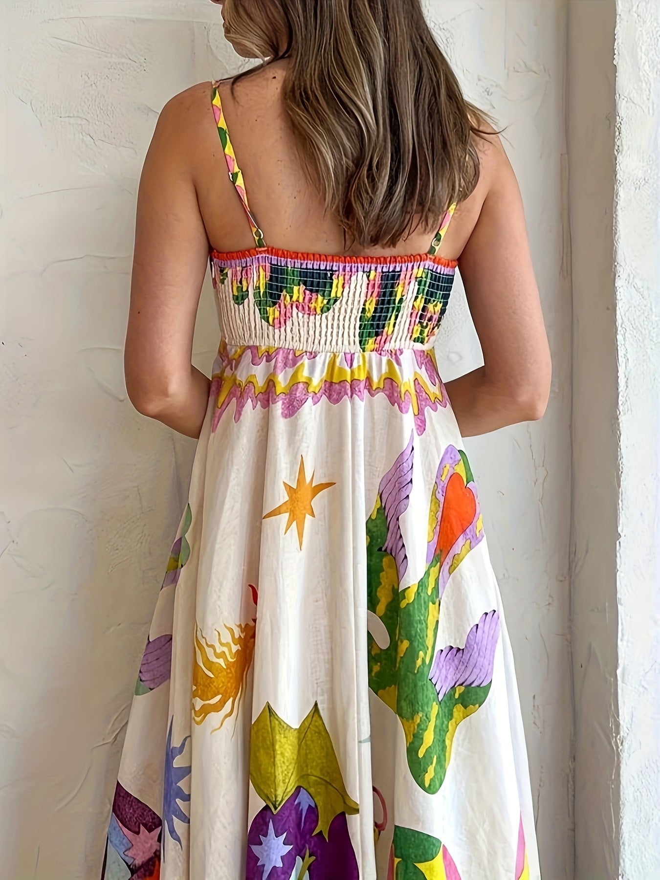 Cartoon Drawstring Print Shirred Cami Dress, Elegant Sleeveless Spaghetti Strap Dress