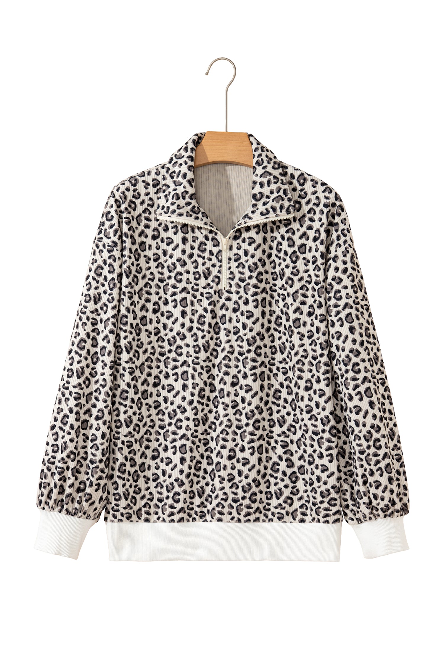 Beige Leopard Print Quarter Zip Corduroy Sweatshirt