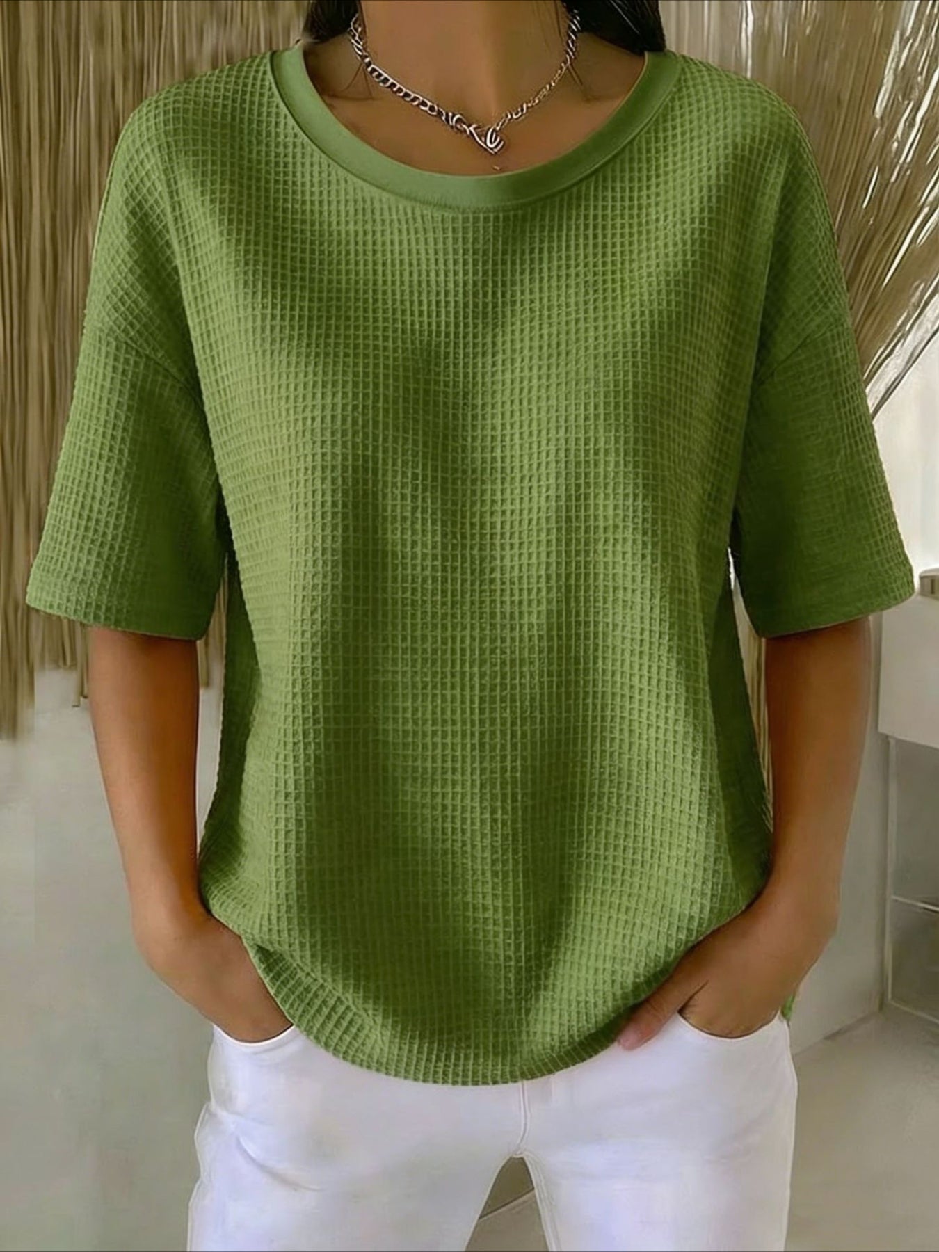 Waffle Solid Color Classic Modern Casual Short Sleeve Crew Neck Regular Tops