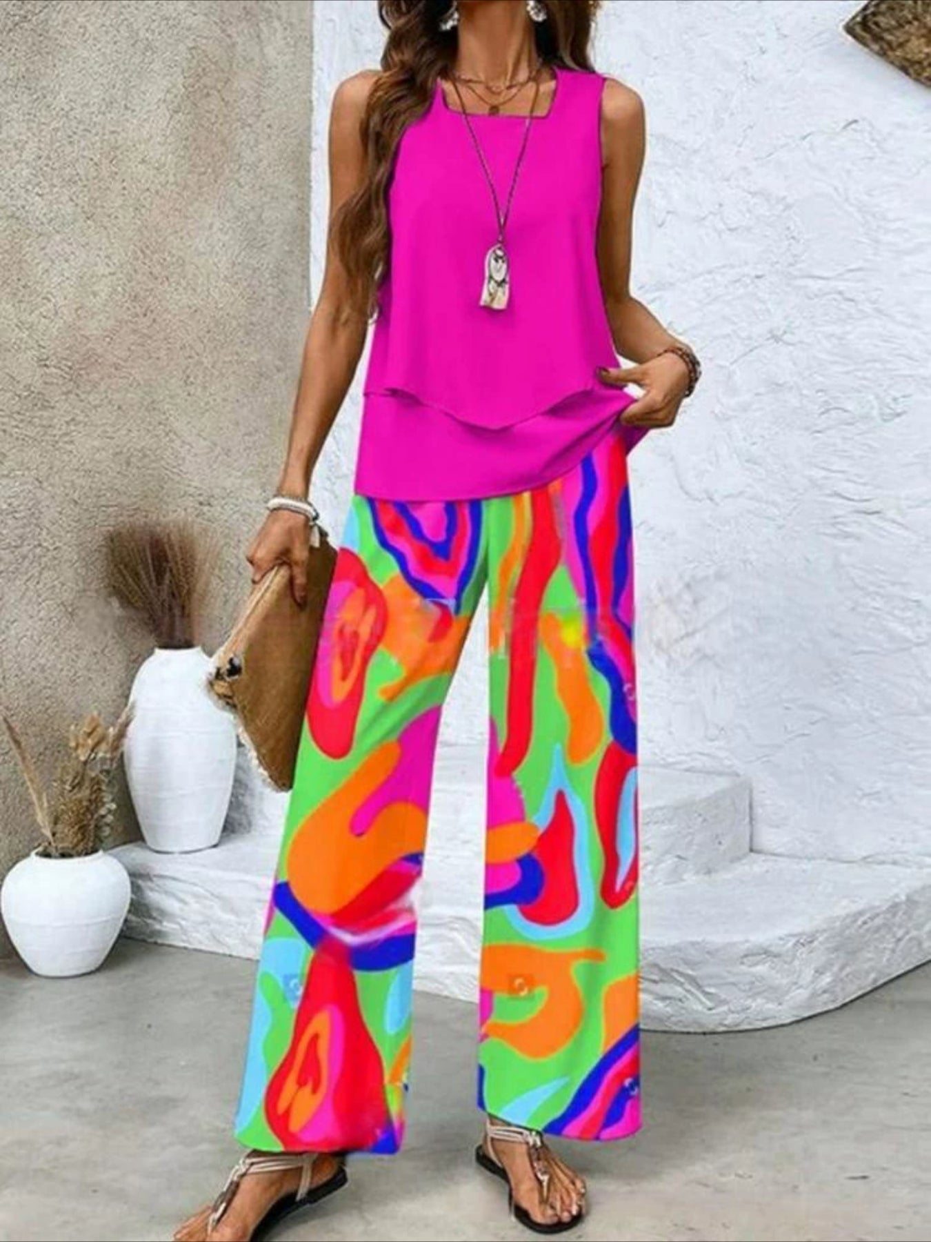 Crew Neck Sleeveless Layered Tank Top & Wide Leg Pants
