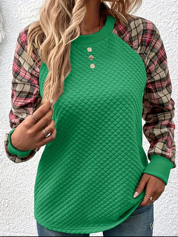 Plaid Print Button Front Crew Neck T-Shirt, Casual Long Sleeve Top