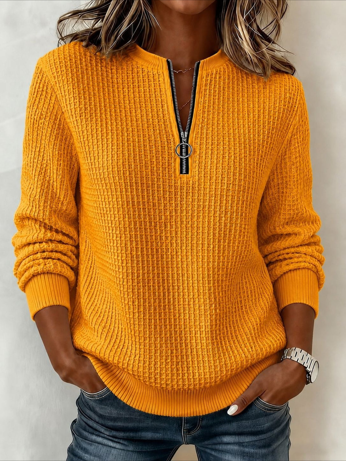 Half-open Zipper Waffle Long Sleeve Jumper Casual Knitted Sweater