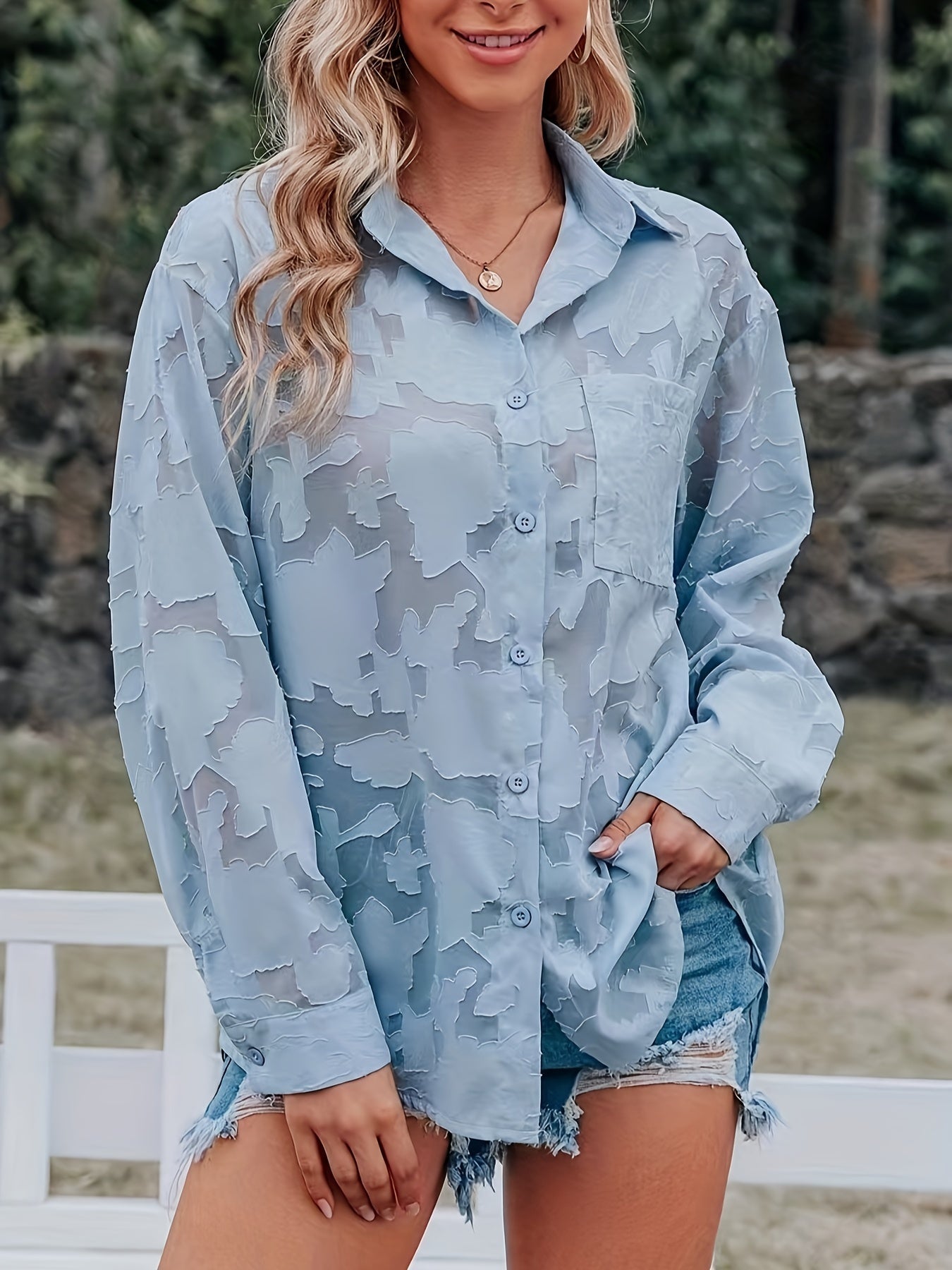 Jacquard Button Up Sheer Loose Blouse, Elegant Long Sleeve Blouse For Spring & Fall, Women's Clothing