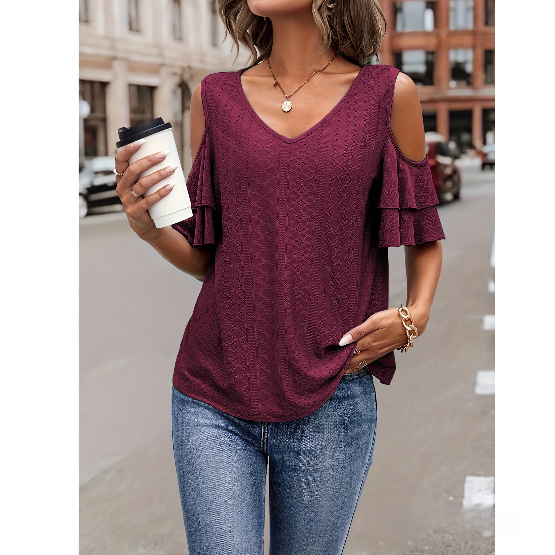 Cold Shoulder V Neck Eyelet T-Shirt, Casual Flutter Tiered Sleeve T-Shirt