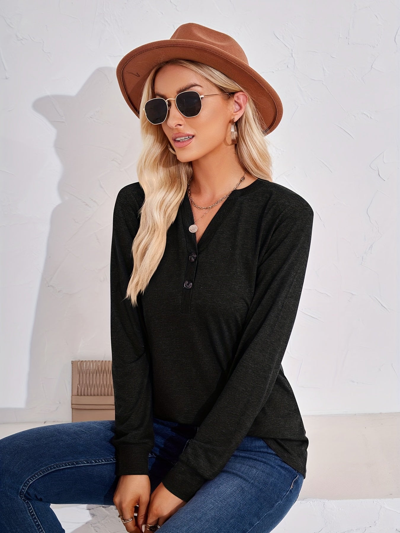 Solid Long Sleeve Button Decor Notched Neck Slight Stretch Tee