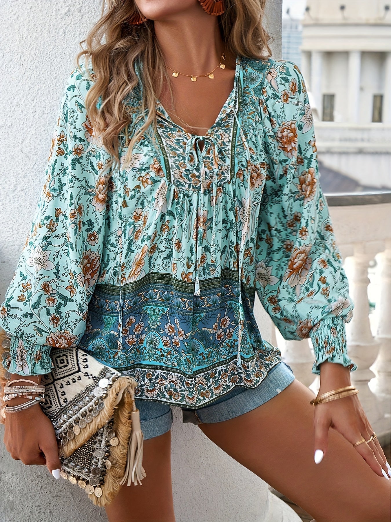 Drawstring Long Sleeve Casual Floral Print V Neck Blouse
