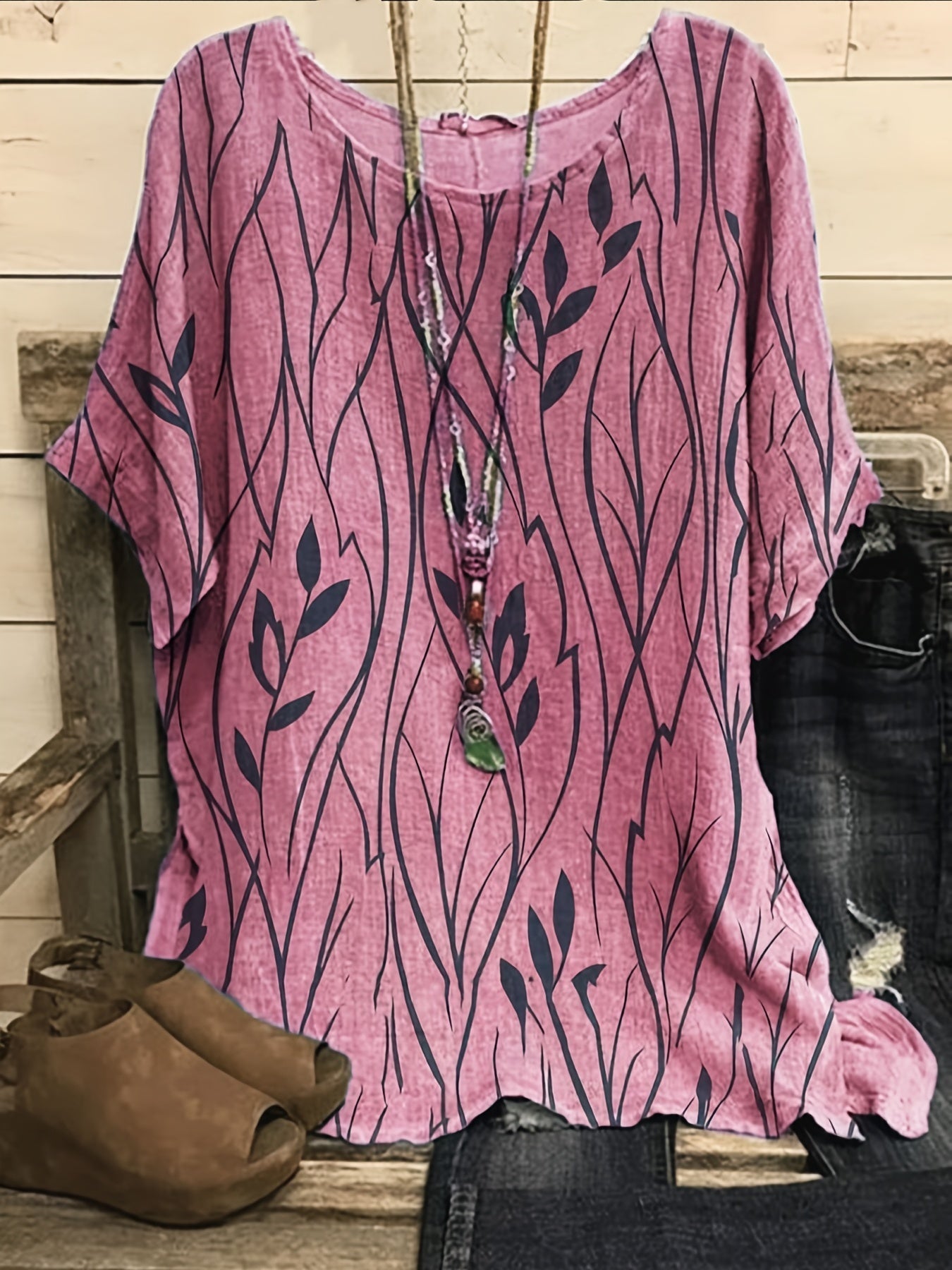 Print Crew Neck Blouses, Casual Loose Half Sleeve Fashion Shirts Tops, Women's Clothing