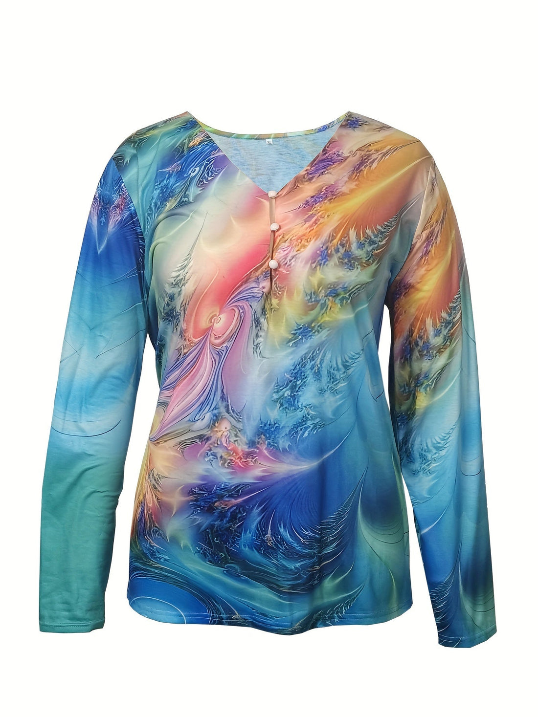 Women's Painting Print Long Sleeve V Neck Medium Stretch Henley T-shirt