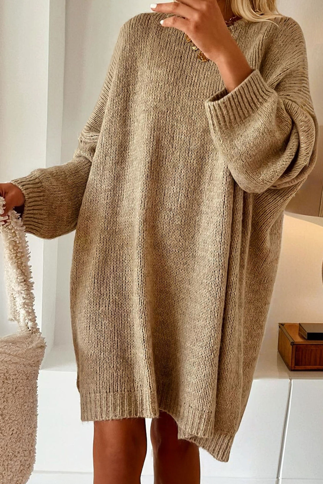 Pale Khaki Exposed Seam Drop Shoulder Oversize Sweater Mini Dress