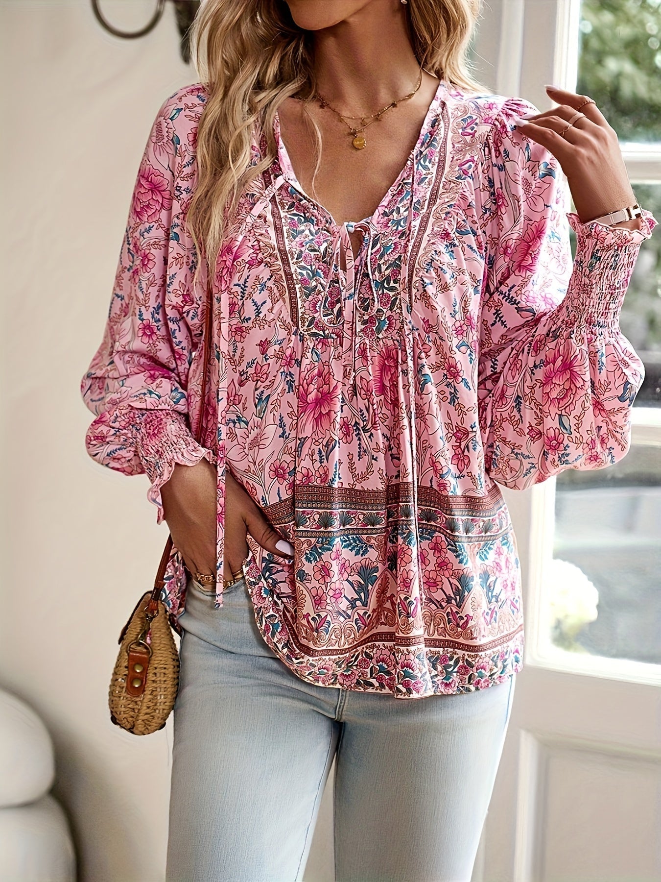 Floral Print Tie Neck Blouse, Casual Long Sleeve Blouse