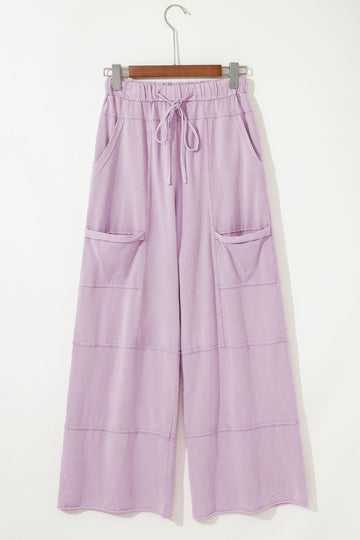 Pink Mineral Wash Exposed Seam Drawstring High Waist Wide Leg Cargo Pants