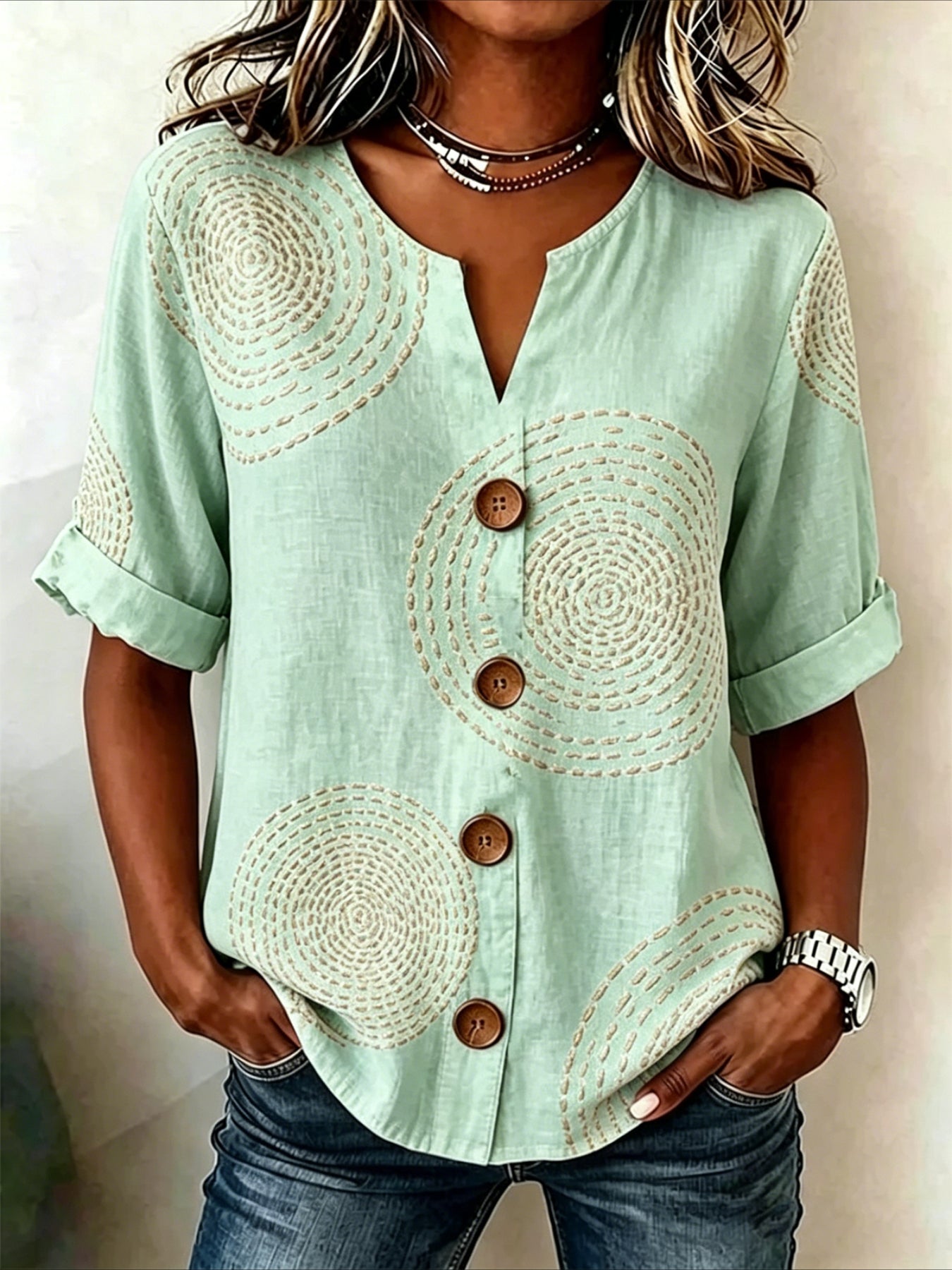 Geometric Print Loose Stand Collar Simple Linen Blend Shirt