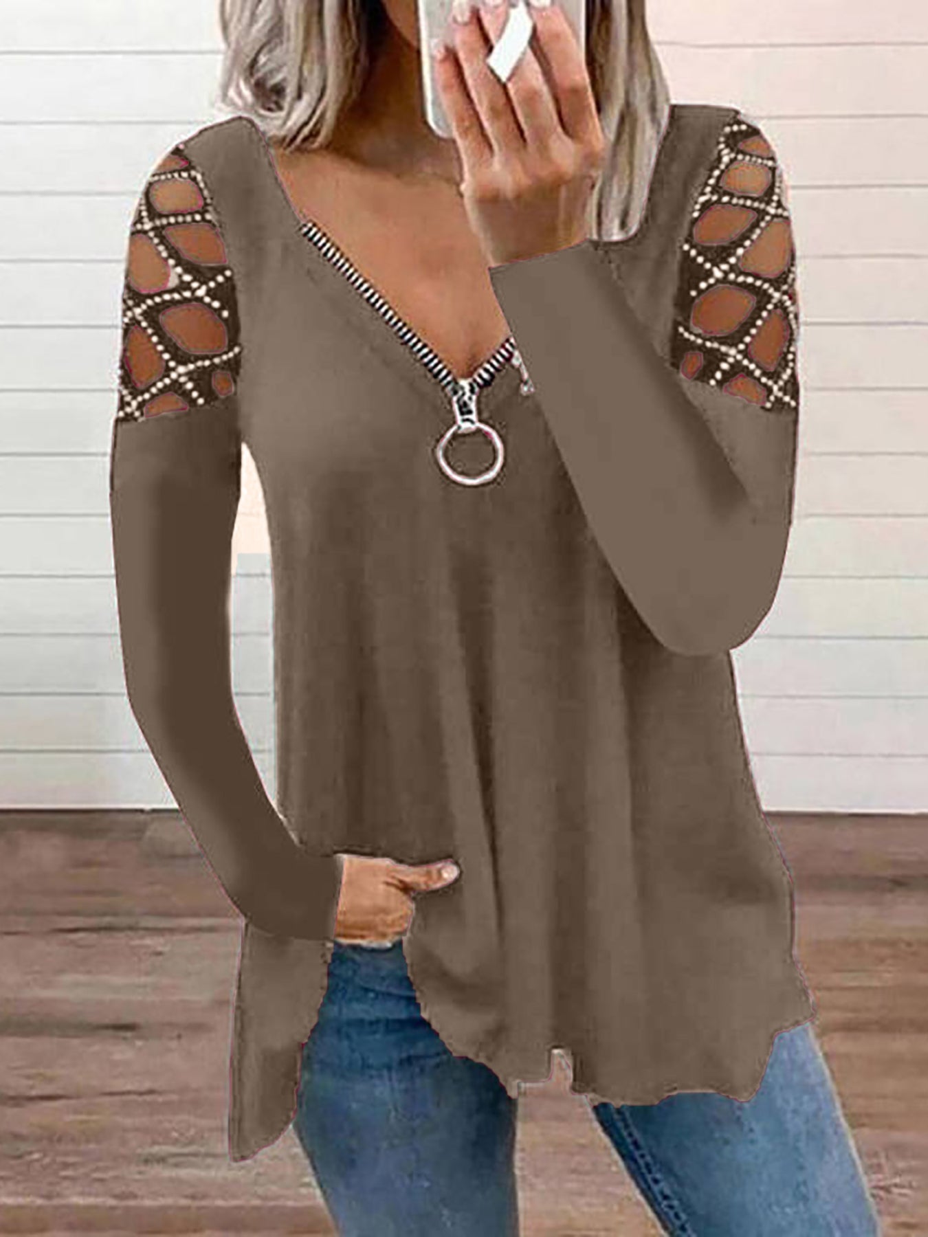 Cutout Zipper Front T-Shirt, Casual V Neck Long Sleeve T-Shirt