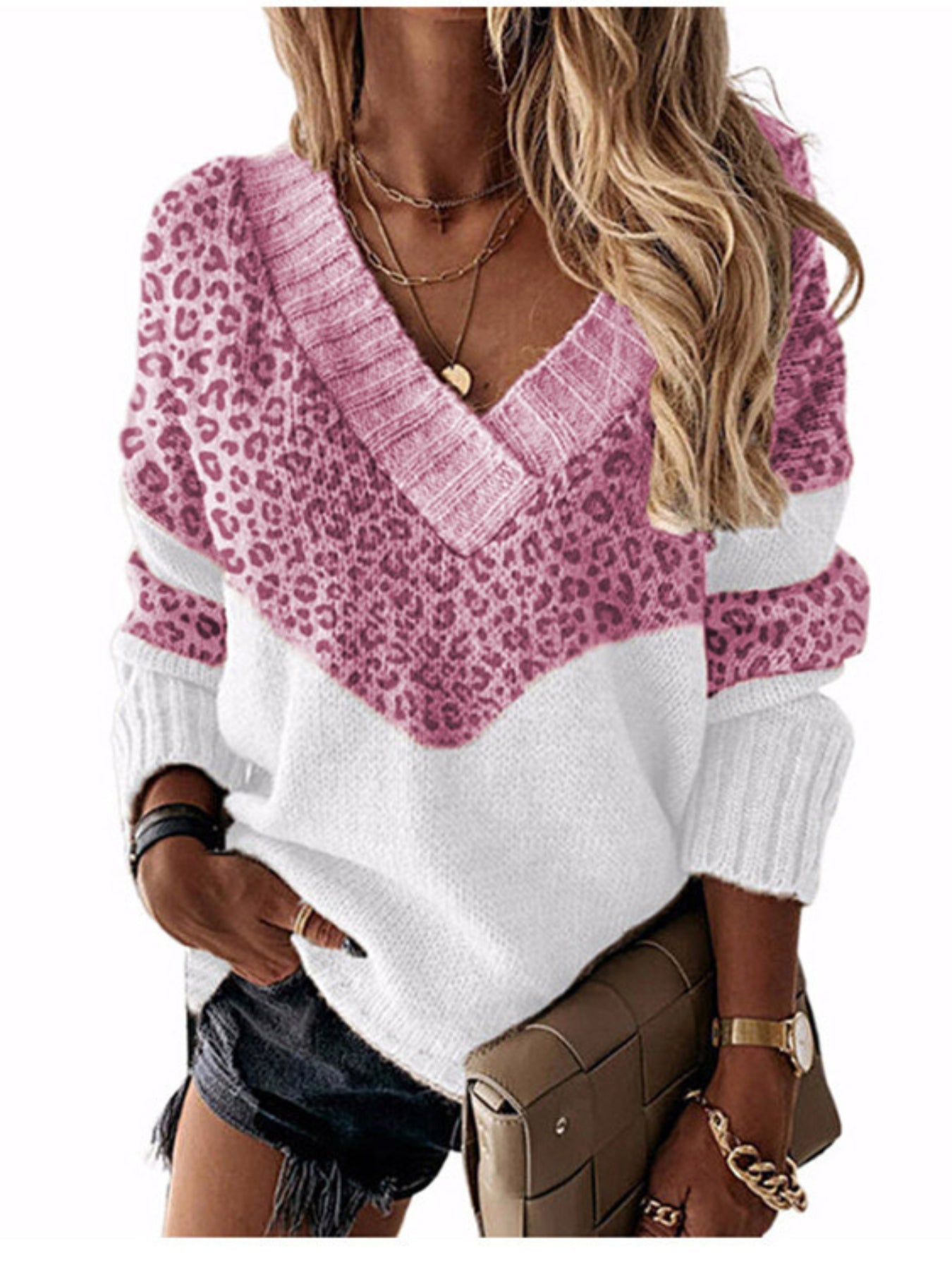 Color Block Simple Knit Sweater, Casual V Neck Long Sleeve Sweater