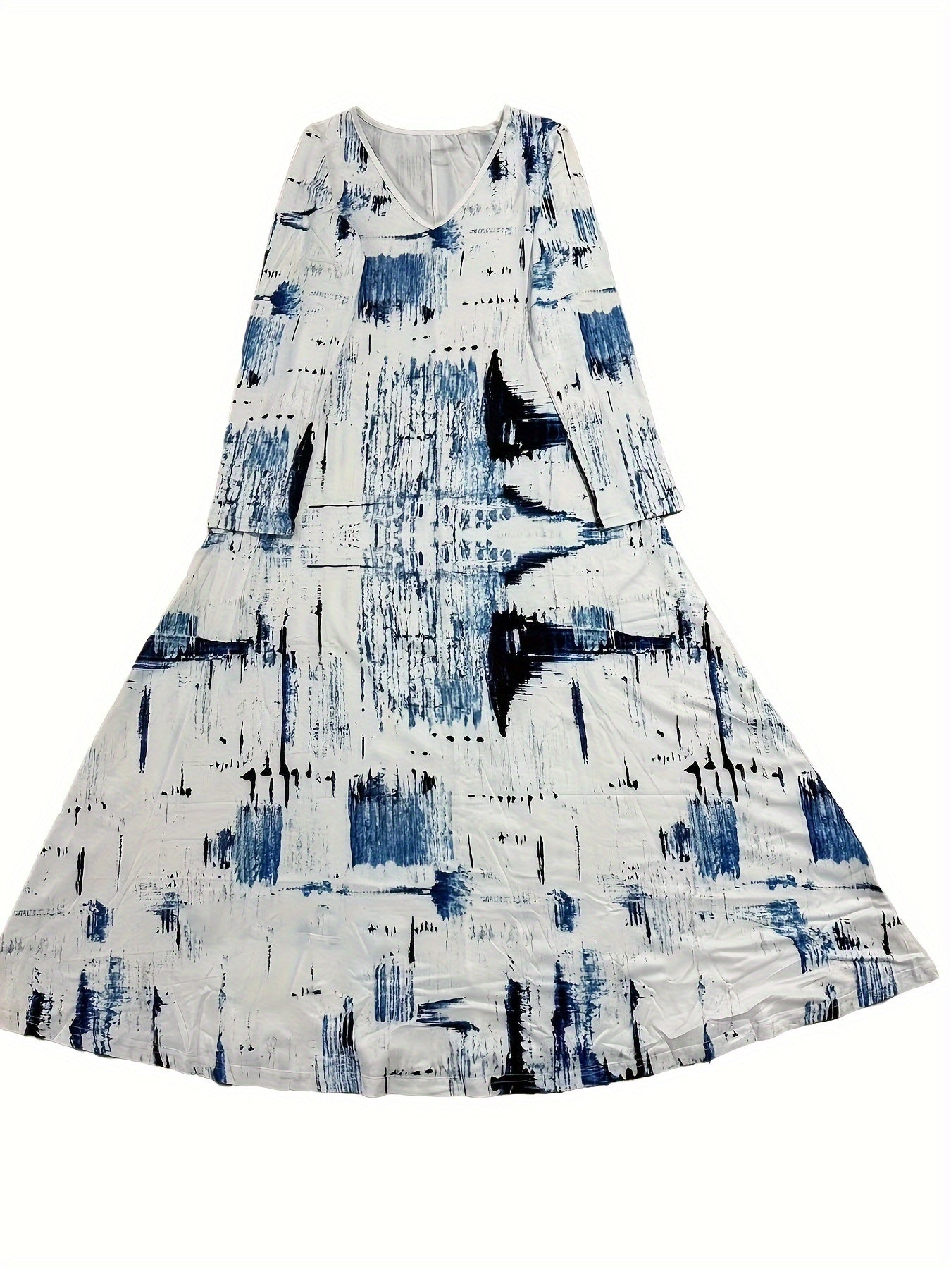 Abstract Print Dress, Casual V Neck Long Sleeve Maxi Dress