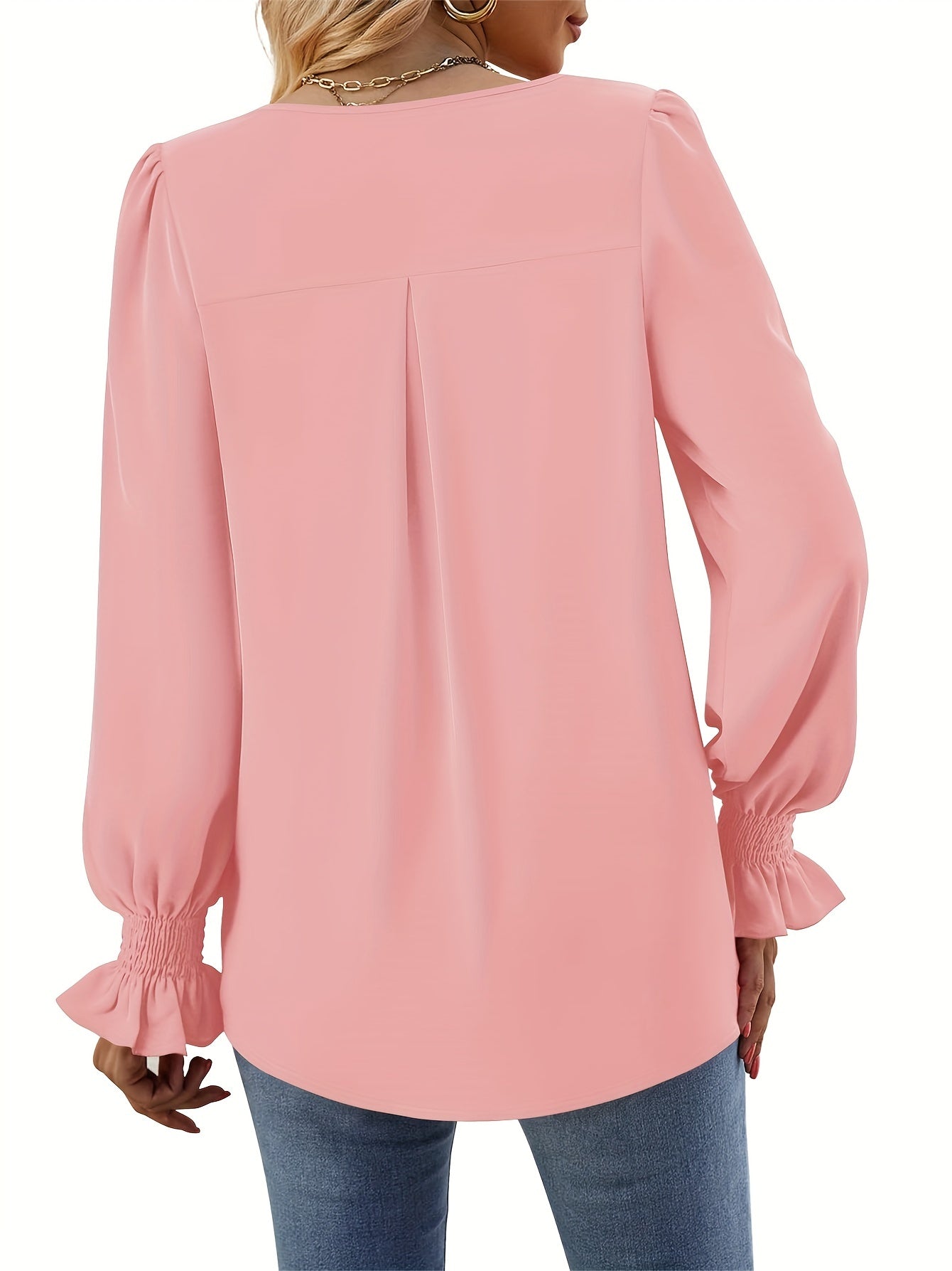 Solid V Neck Simple Blouse, Elegant Long Sleeve Ruched Blouse
