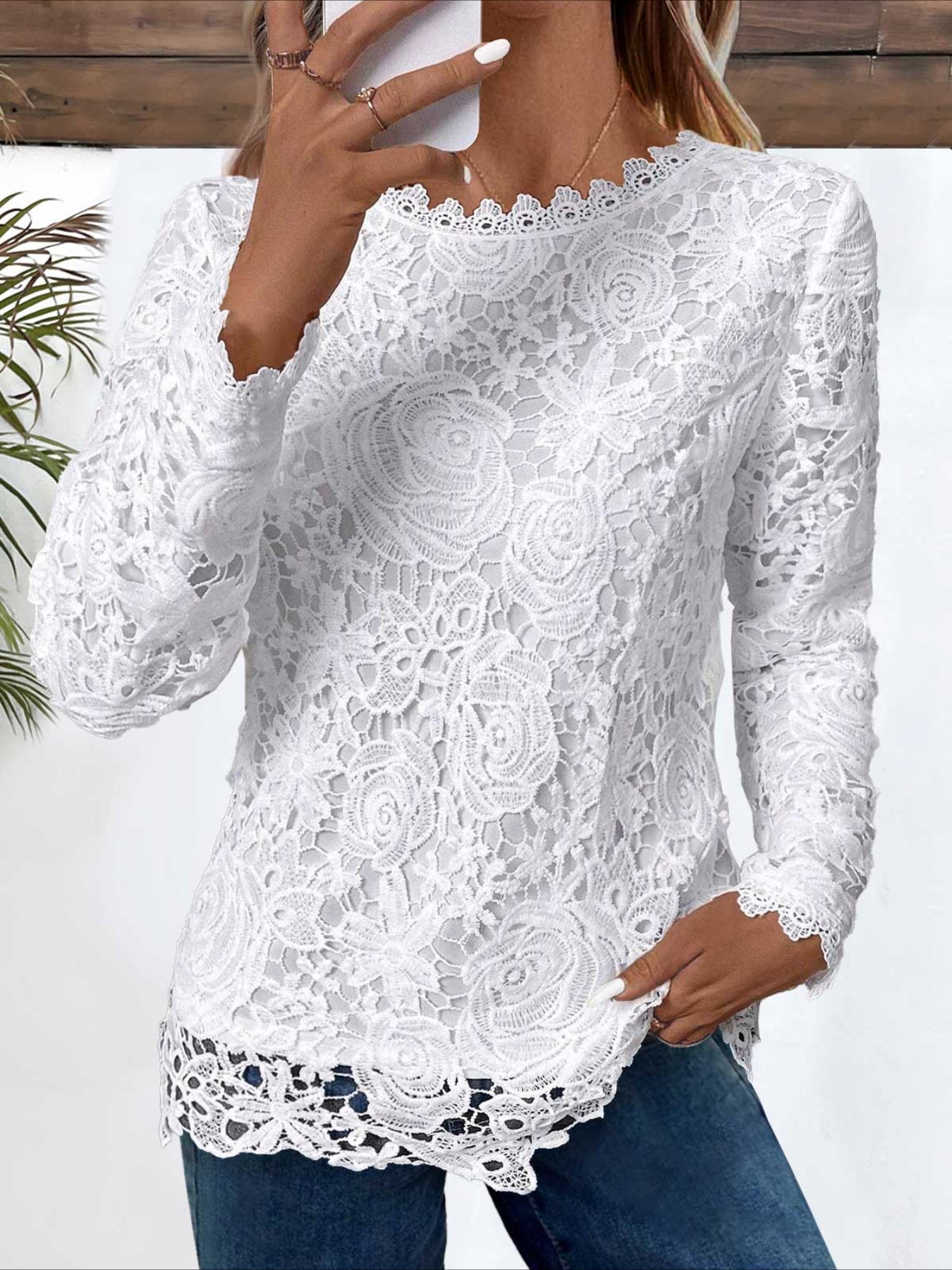 Floral Lace Stitching Crew Neck T-Shirt, Casual Long Sleeve