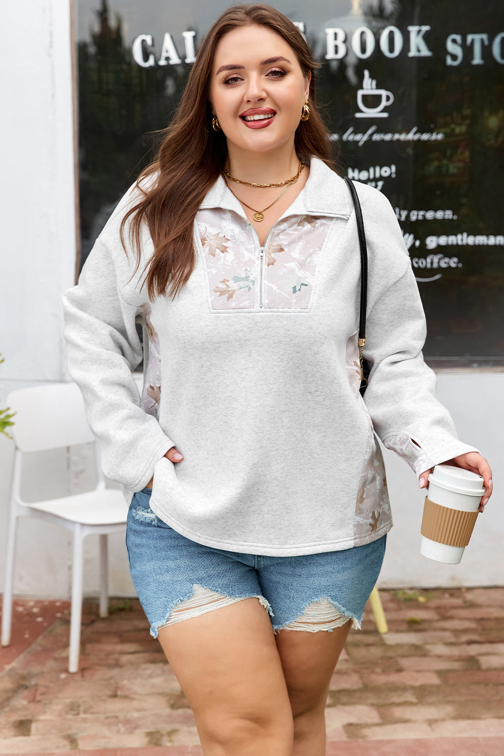 Gray Camo Leaves Patchwork Zipped Collar Pullover Plus Size Sweatshirt