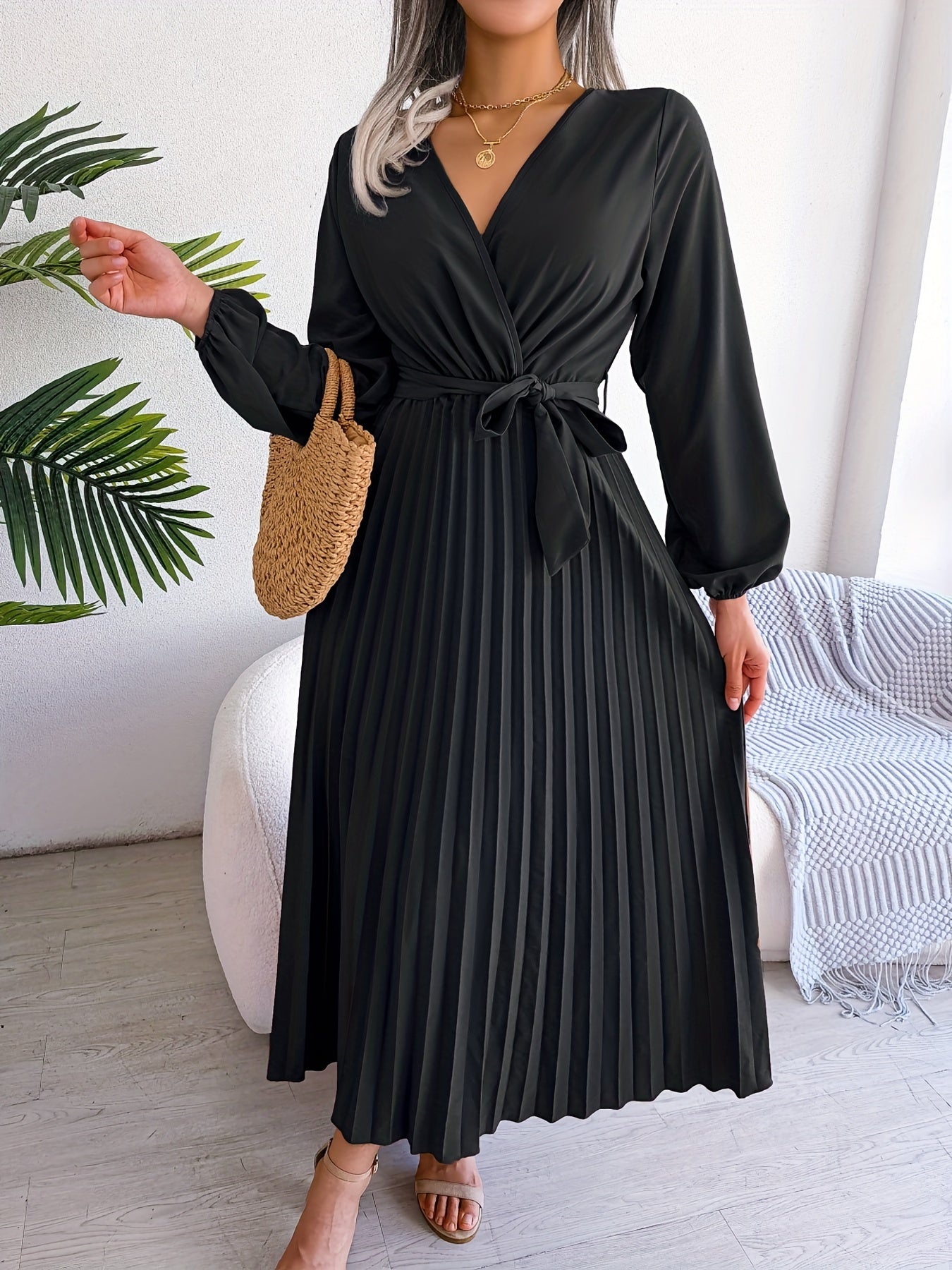 Pleated Surplice Neck Dress, Elegant Long Sleeve Solid Dress, Women's Clothing