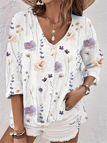 Women's Floral Print Button Up Half Sleeve V Neck Top