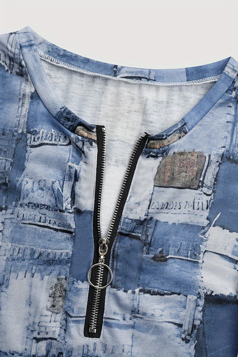 Patchwork Zipper T-shirt, Casual Crew Neck Long Sleeve Summer T-shirt