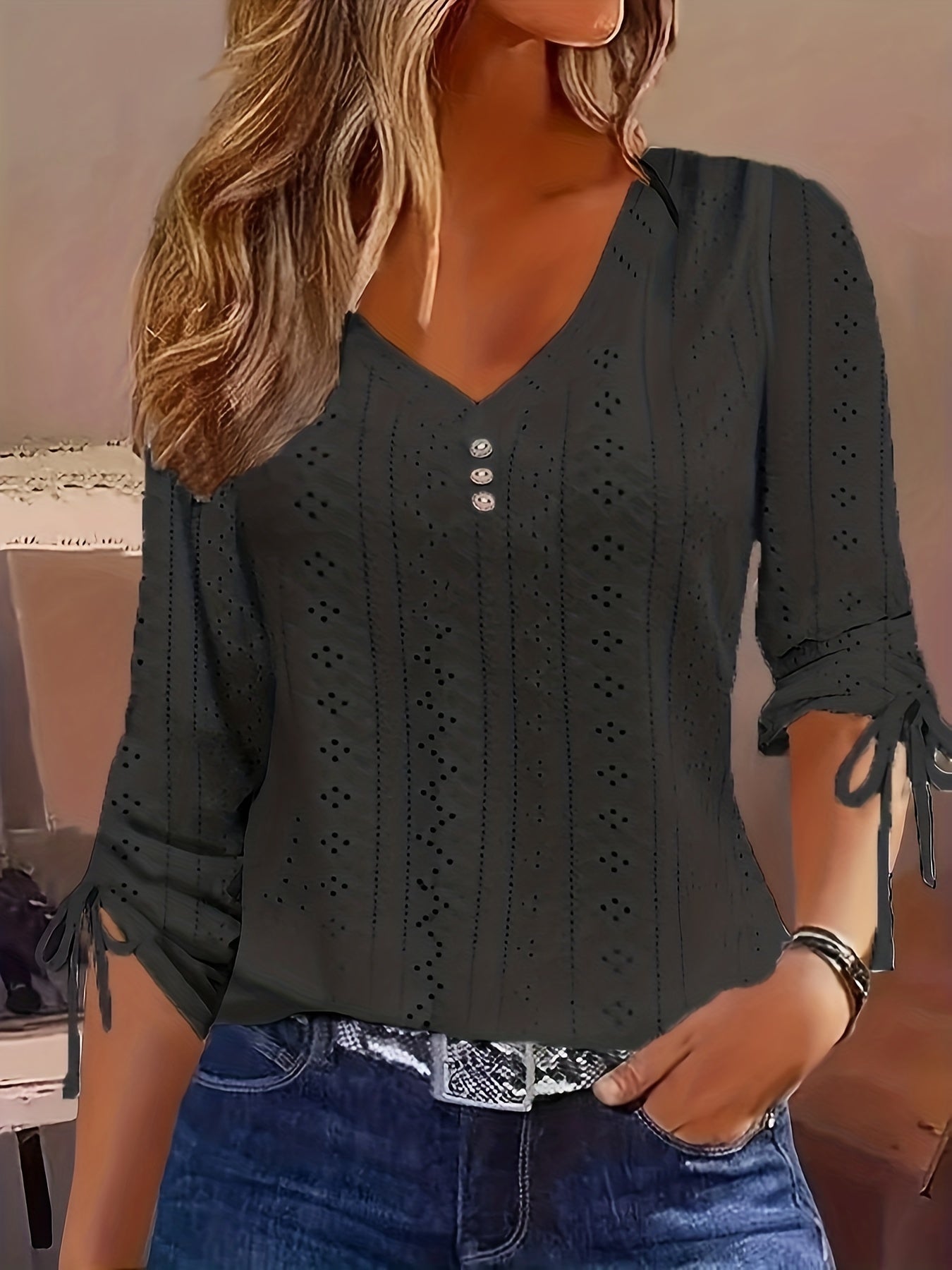 Women's Solid Eyelet Embroidery Ruched Tie Long Sleeve Button Decor V Neck Slight Stretch Top