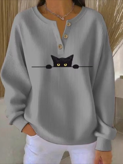 Casual Cat Crew Neck Long Sleeve Sweatshirt