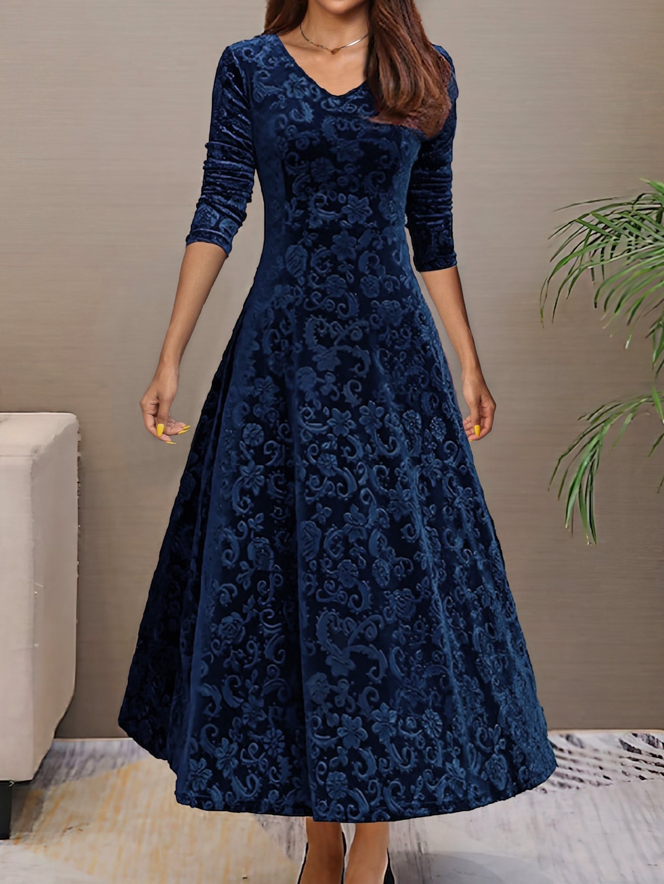 Solid Color Long Sleeve Dress, Elegant V Neck Flared Dress