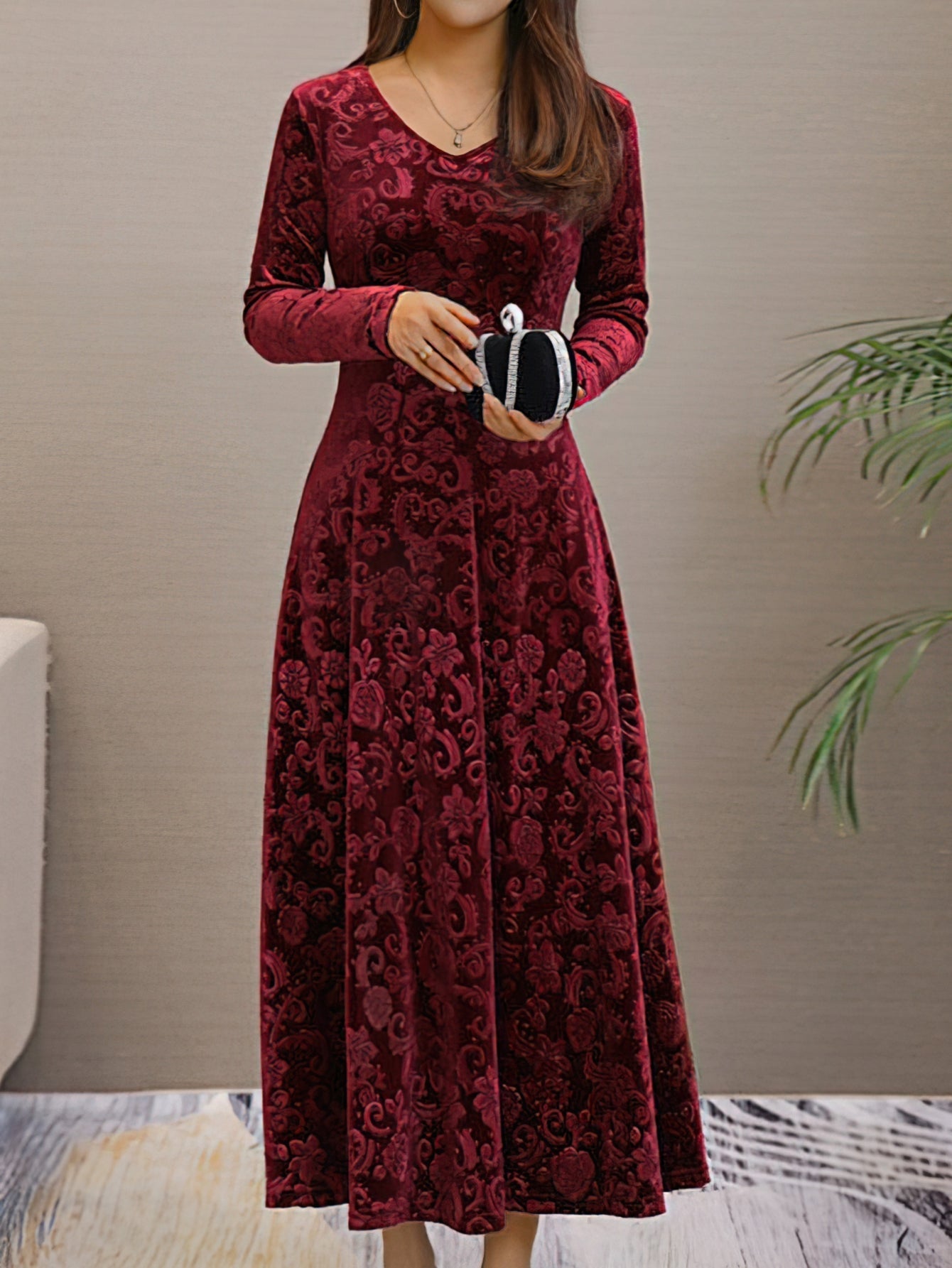 Solid Color Long Sleeve Dress, Elegant V Neck Flared Dress