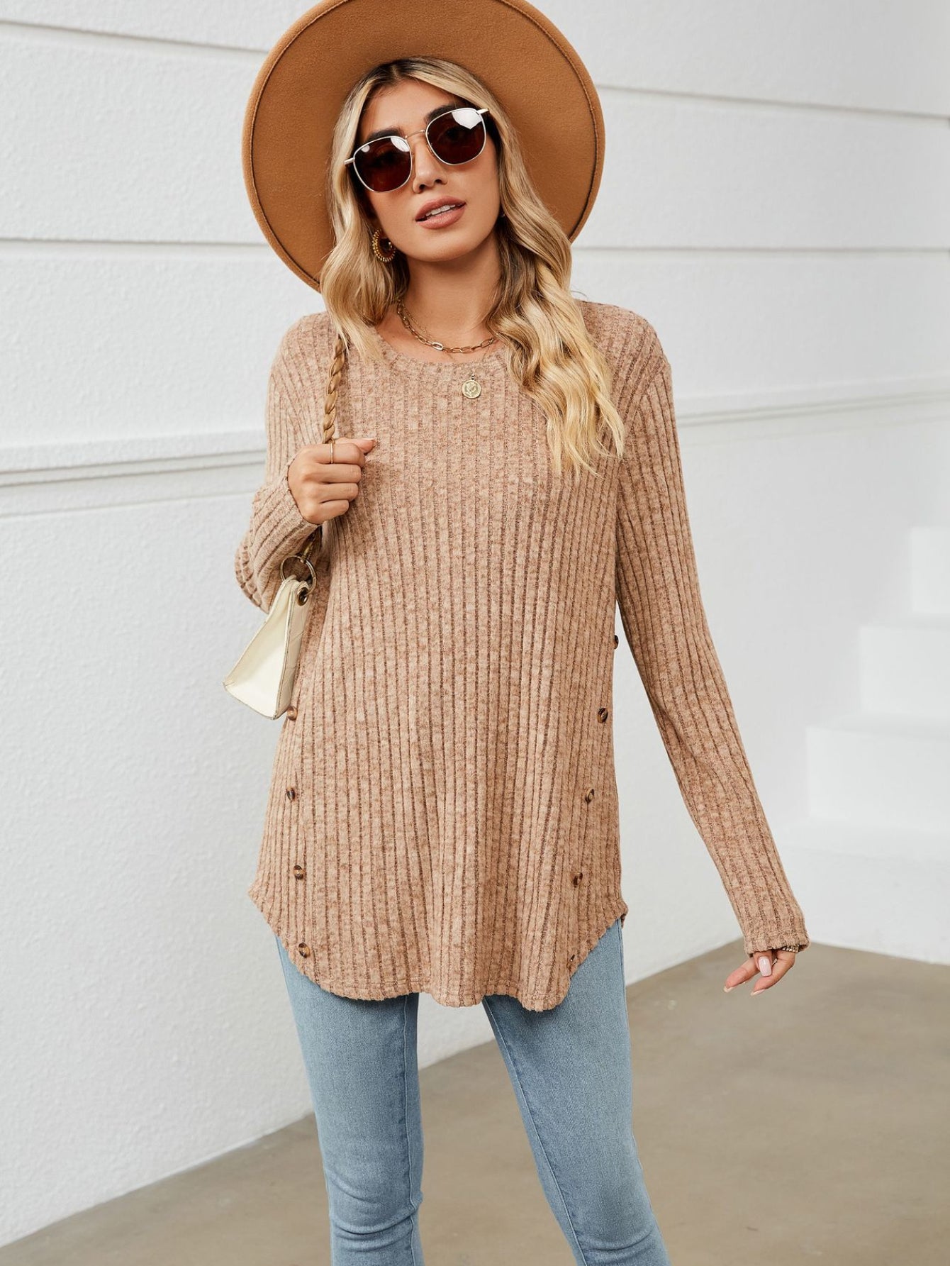 Solid Crew Neck Rib Knit Top, Casual Button Long Sleeve Loose Sweater