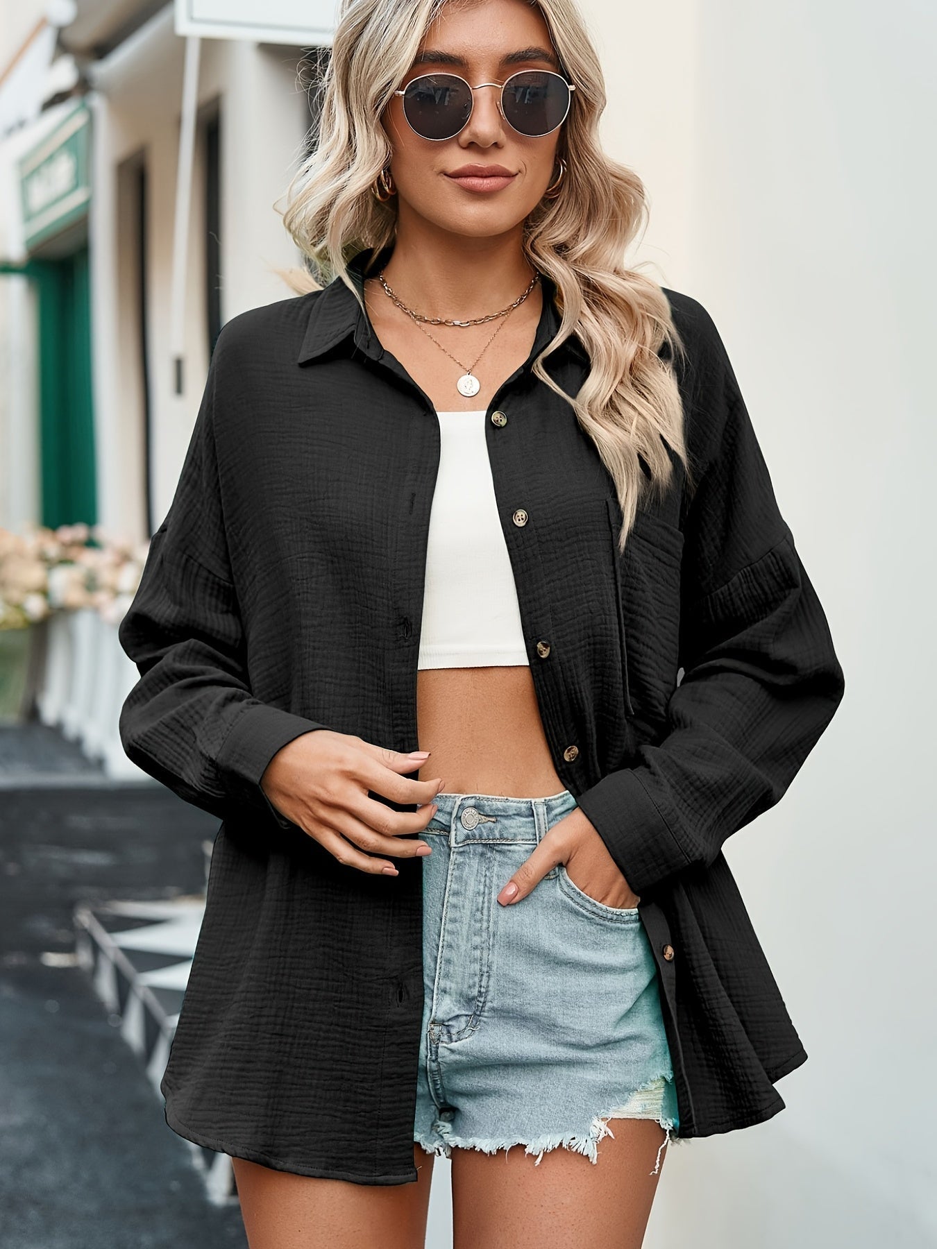 V-neck Loose Lapel Blouses, Casual Pocket Button Down Long Sleeve Fashion Shirts Tops