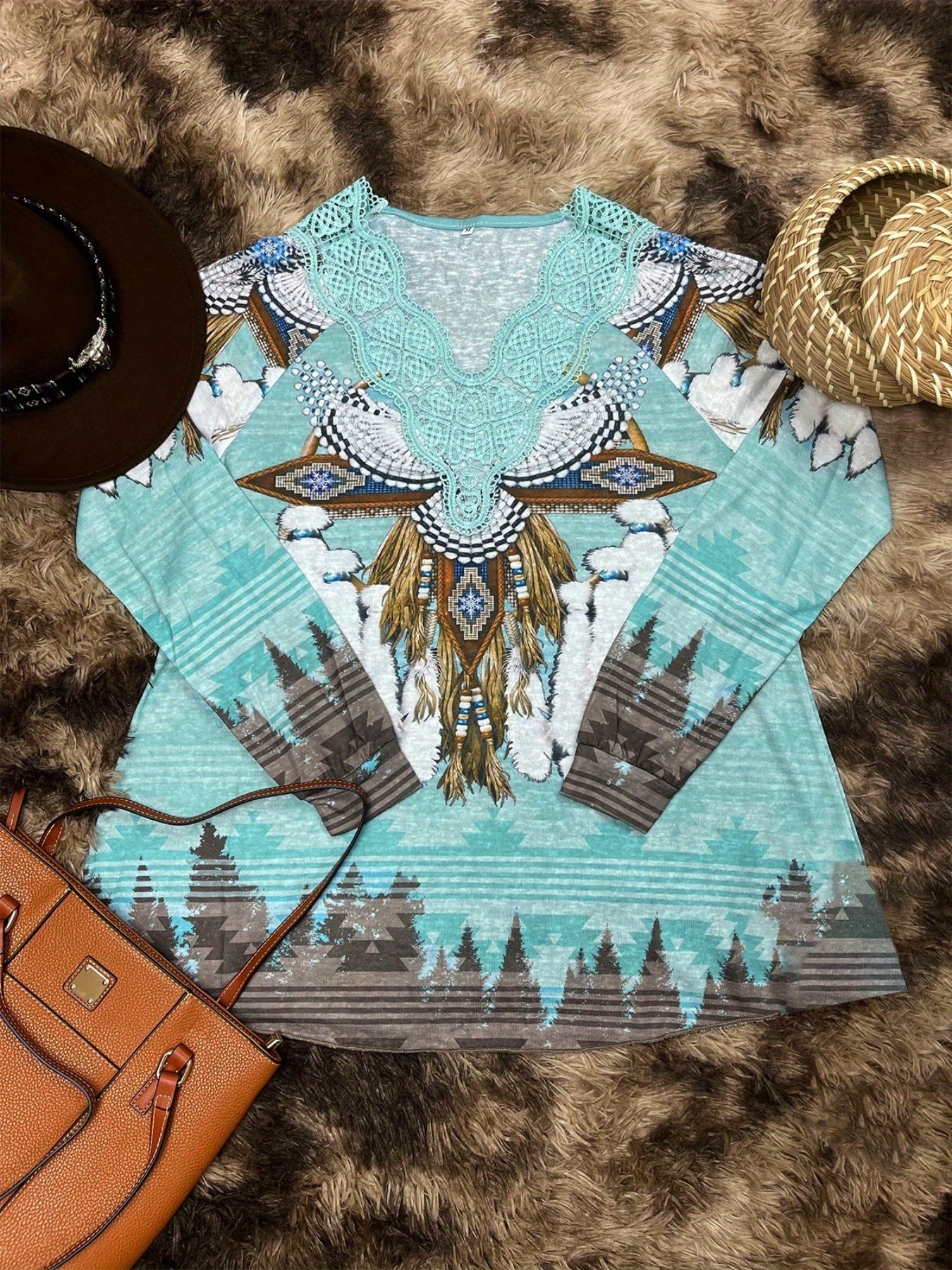 Lace Trim Flared T-shirt, Tribal Print Long Sleeve V Neck Loose T-shirt