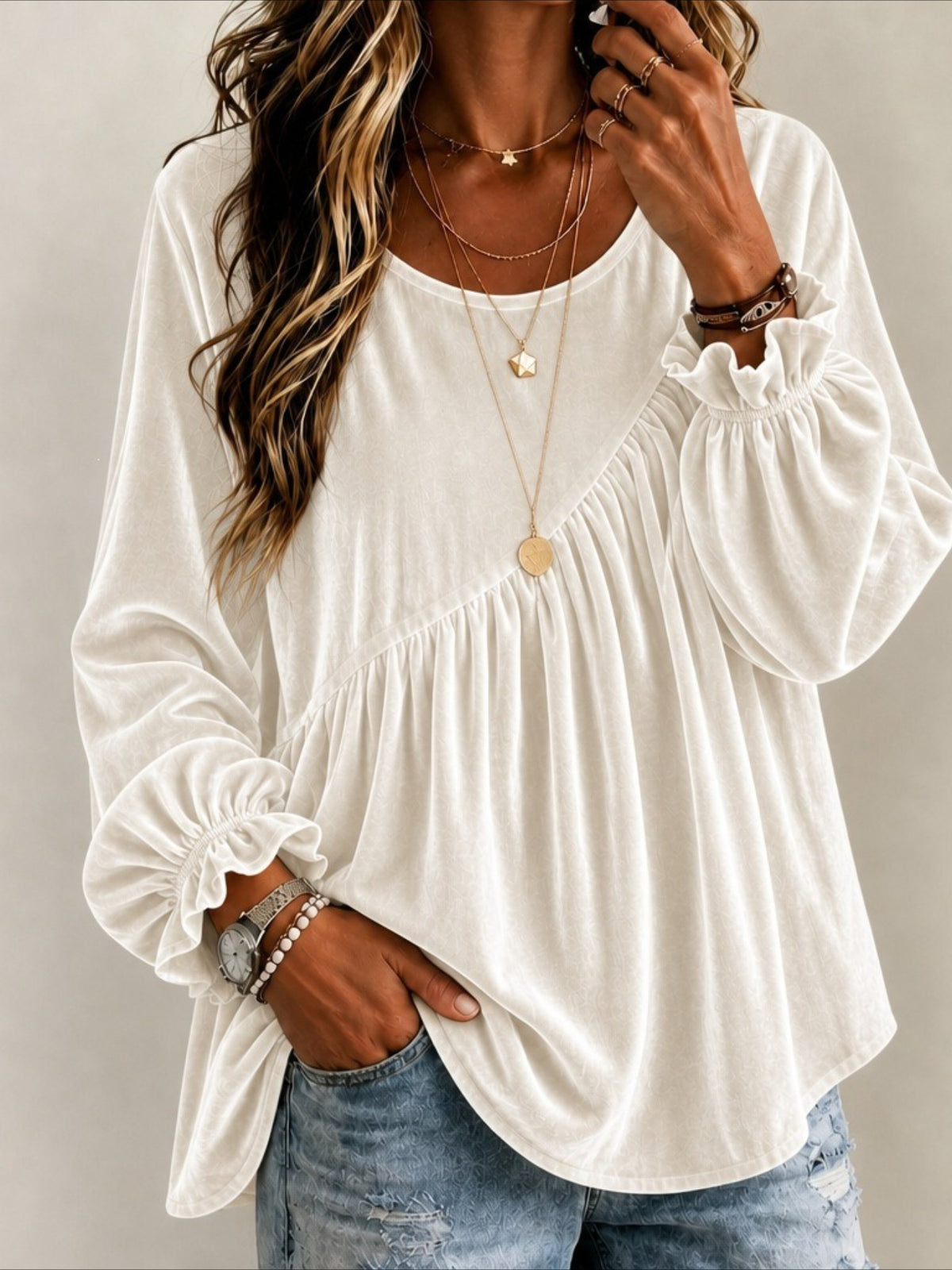Round Neck Long Sleeve Velvet Blouse with Asymmetric Gathered Detail