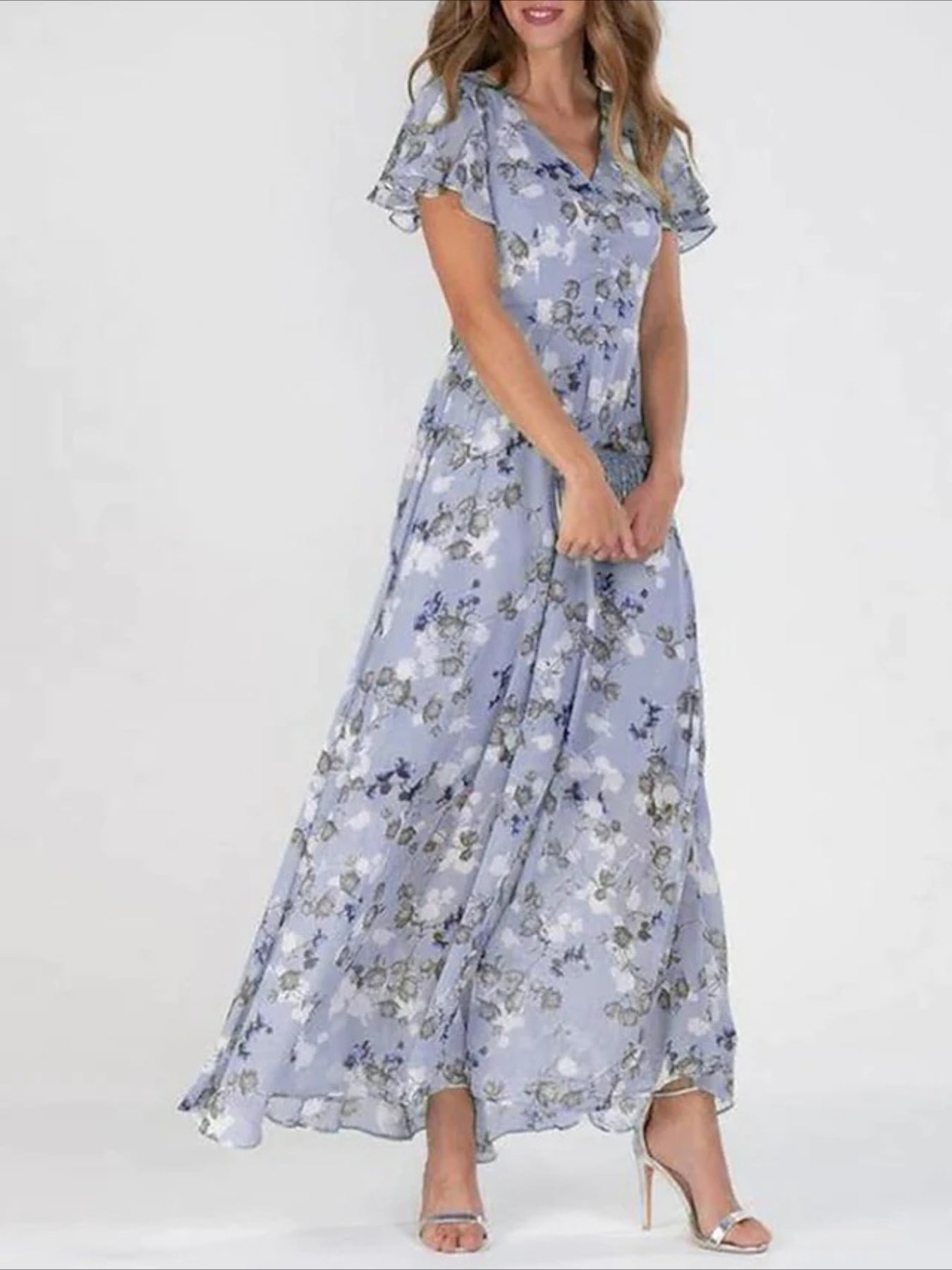 Elegant Floral Print V-Neck Maxi Dress