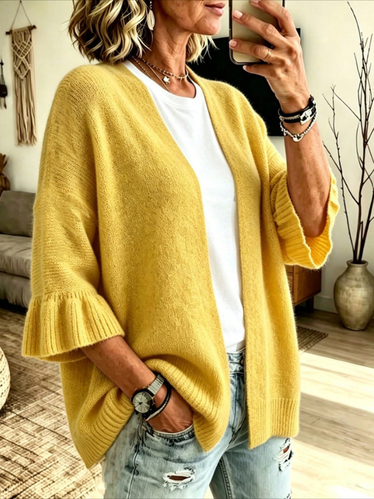 Open Front Ruffle Sleeve Knit Cardigan