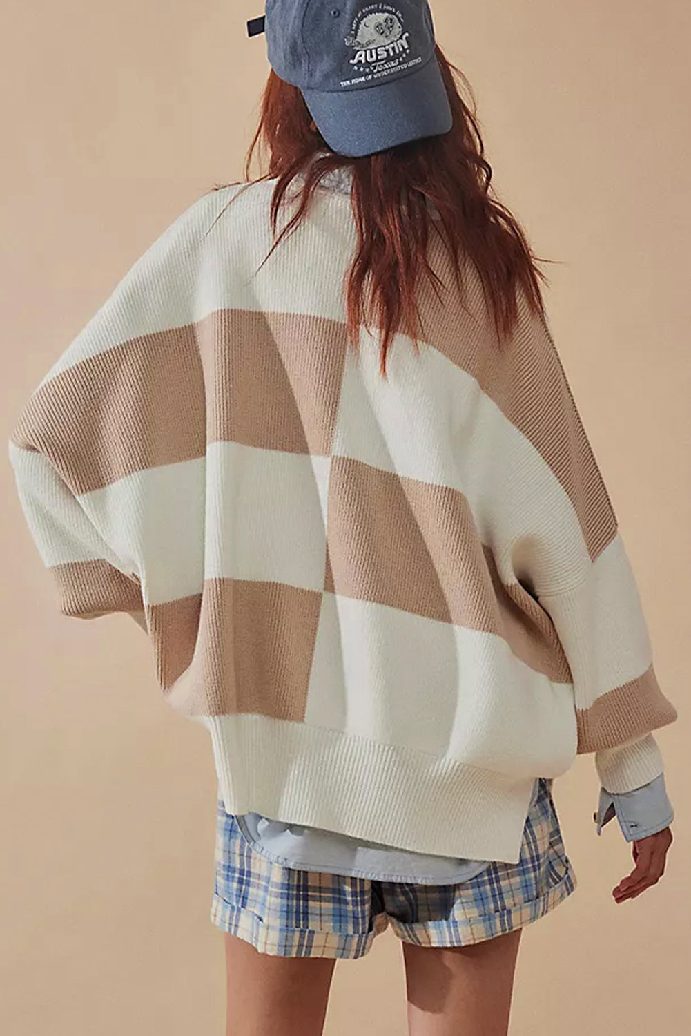 Khaki Checkered Side Slits Drop Shoulder Oversized Sweater