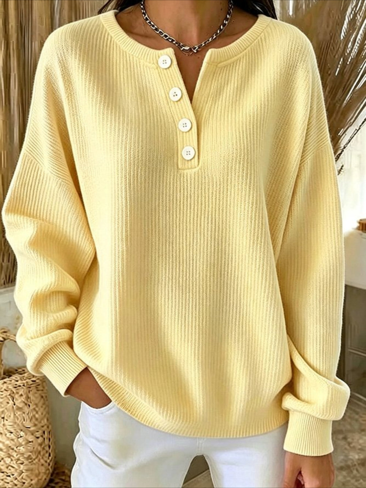 Solid Color V Neck Button Long Sleeve T-Shirt
