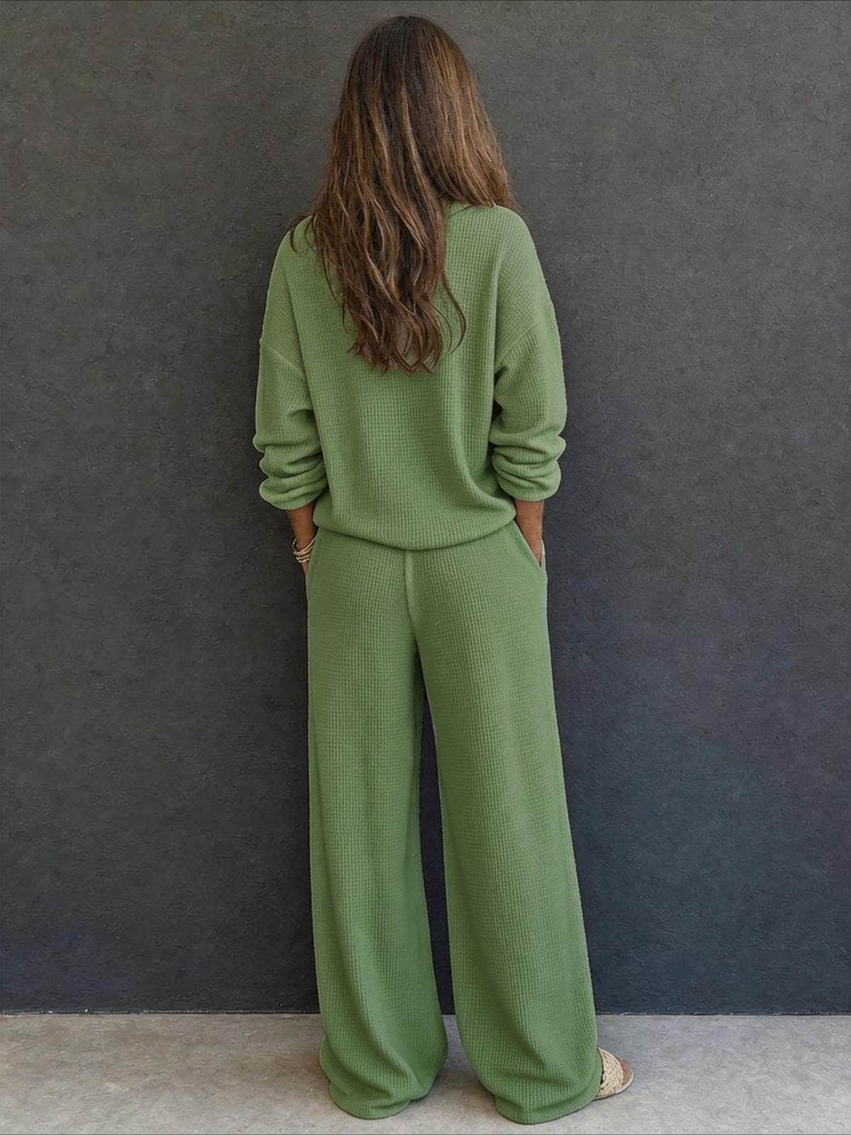 Waffle Knit Button Detail Top and Pants Set