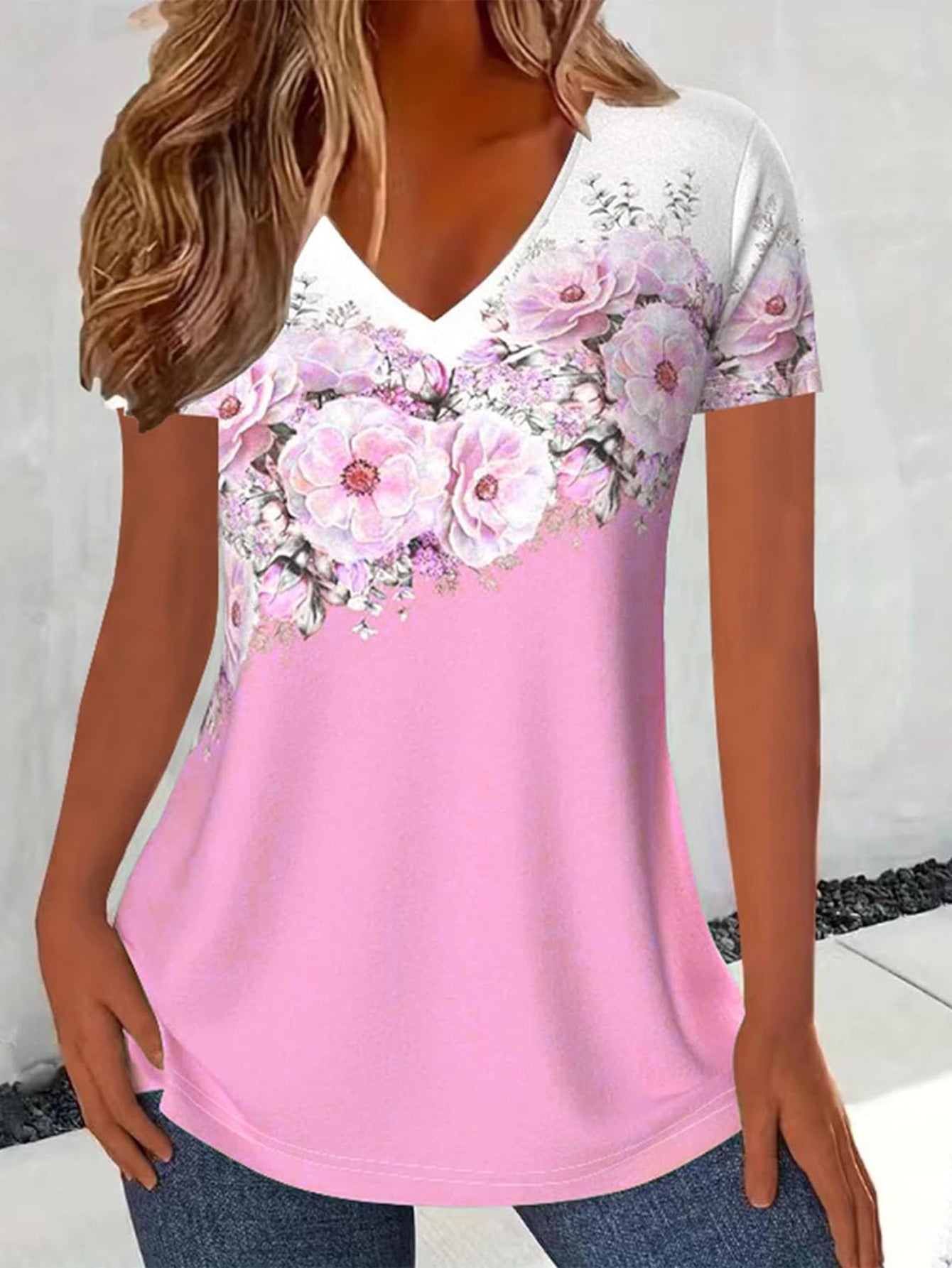 V Neck Short Sleeve Cute Print Graphic Tees