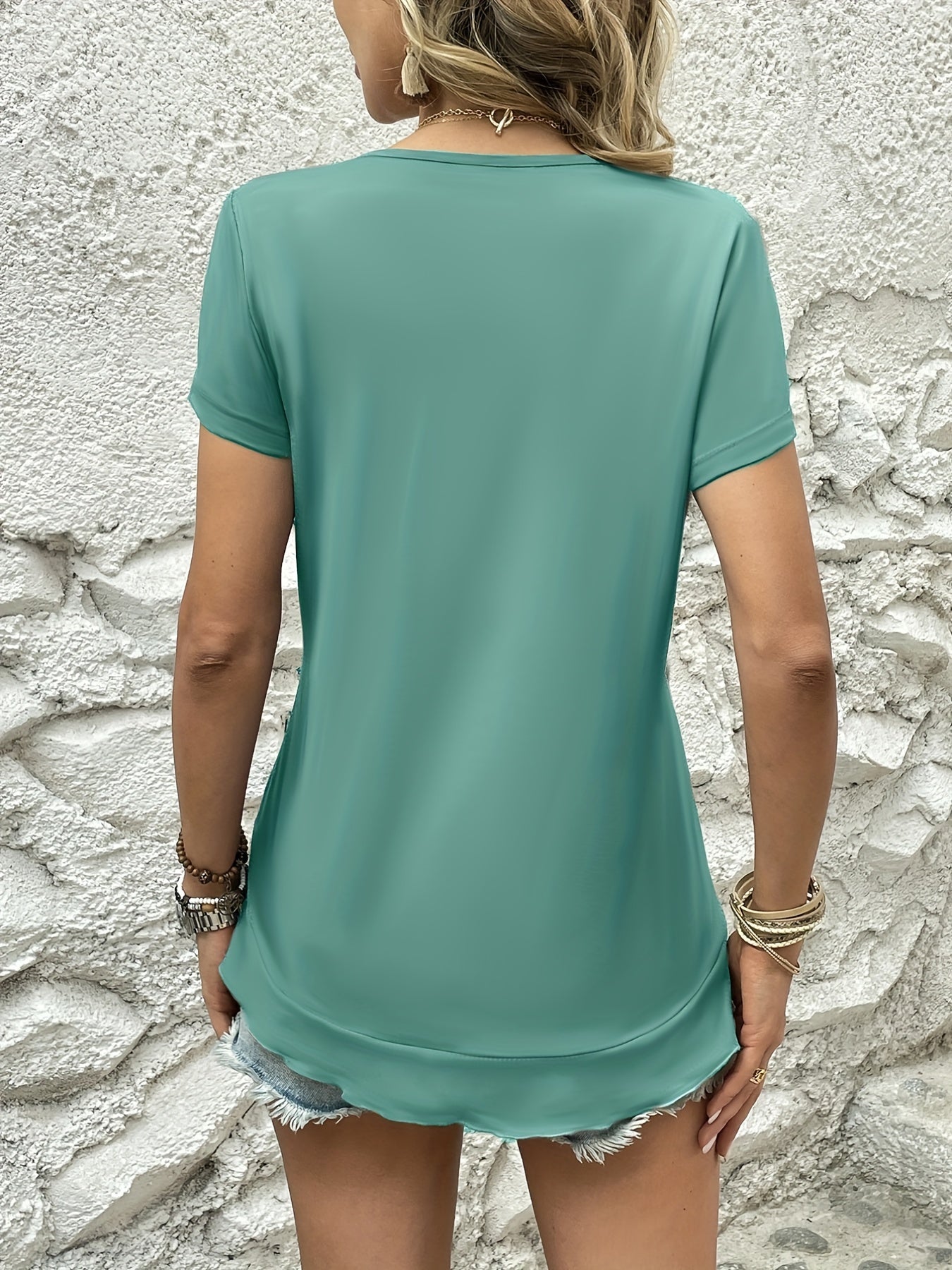 Asymmetrical Ruffle Hem T-Shirt, Casual Crew Neck Short Sleeve T-Shirt