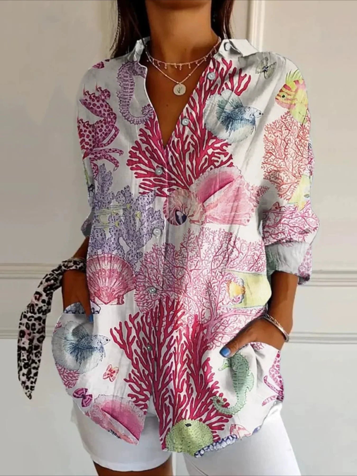 Elegant Floral Print Casual Lapel Collar Long Sleeve Button Top