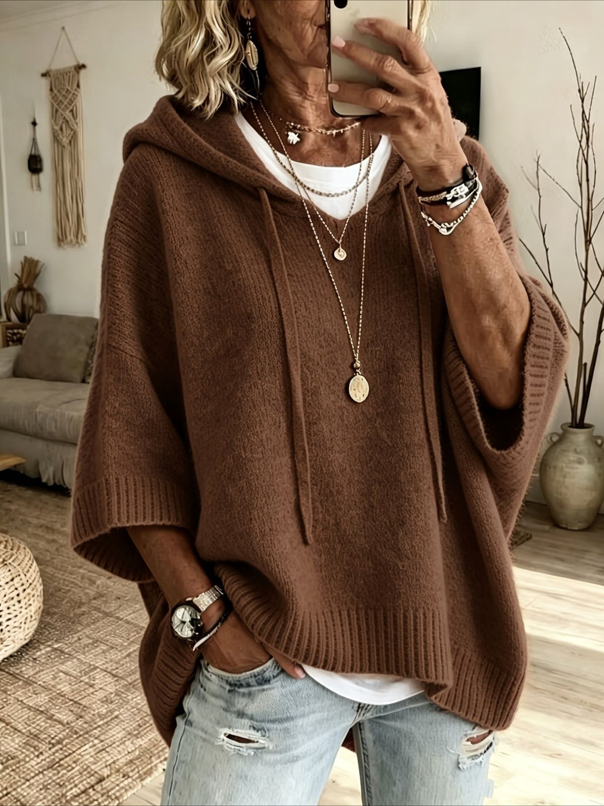 Solid Color Casual Hooded Batwing Sleeve Knit Sweater