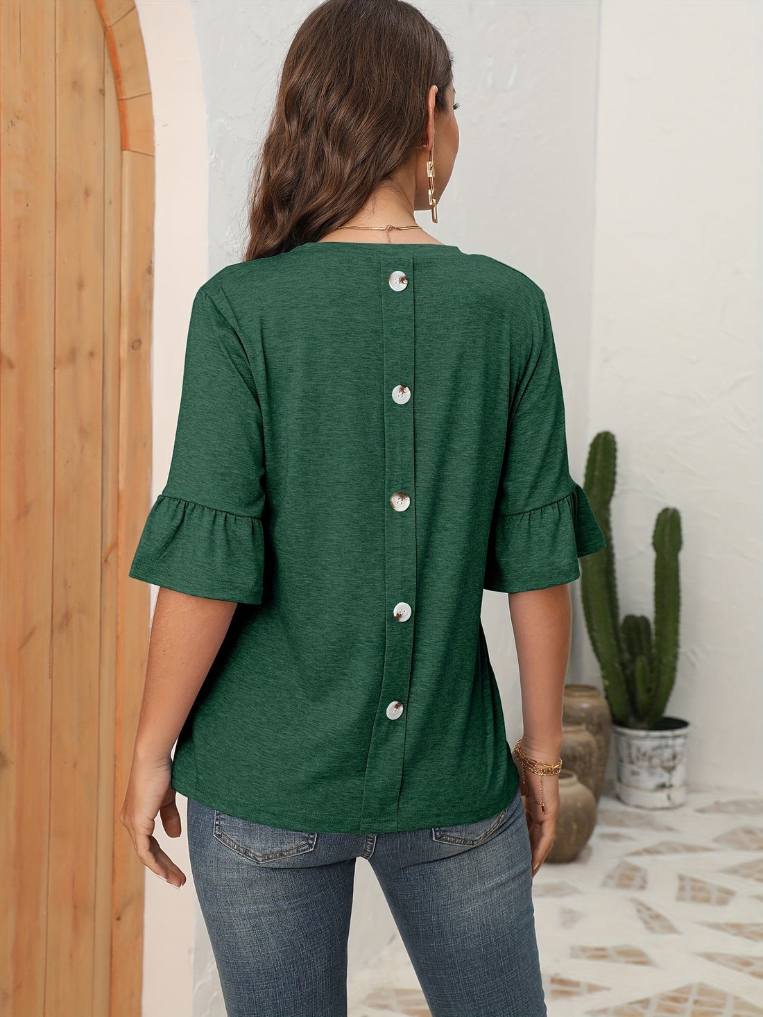 Button Back Solid T-shirt, Casual Crew Neck Half Sleeve T-shirt