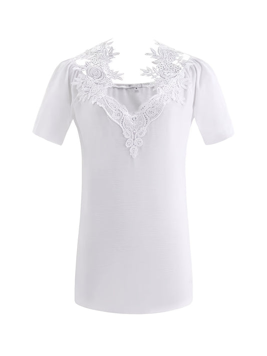 Solid Stitching Floral Print Short Sleeve Top, Casual Everyday T-Shirt