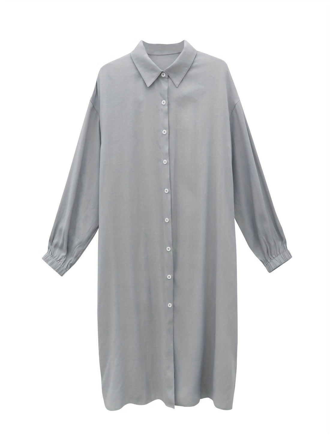 Button Front Solid Shirt Dress, Casual Long Sleeve Long Length Dress