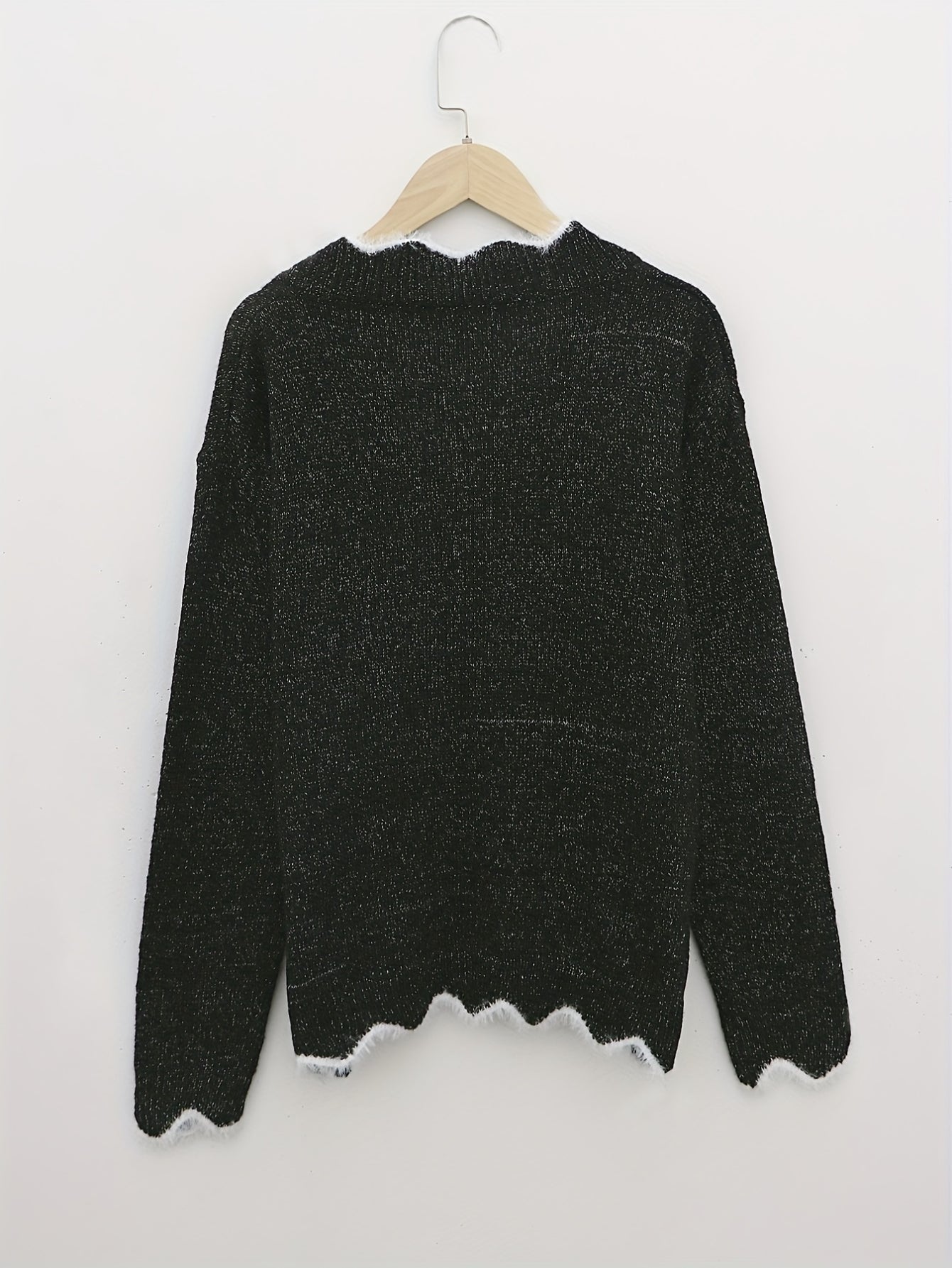 Scallop Trim Knit Sweater, Casual V Neck Long Sleeve Sweater
